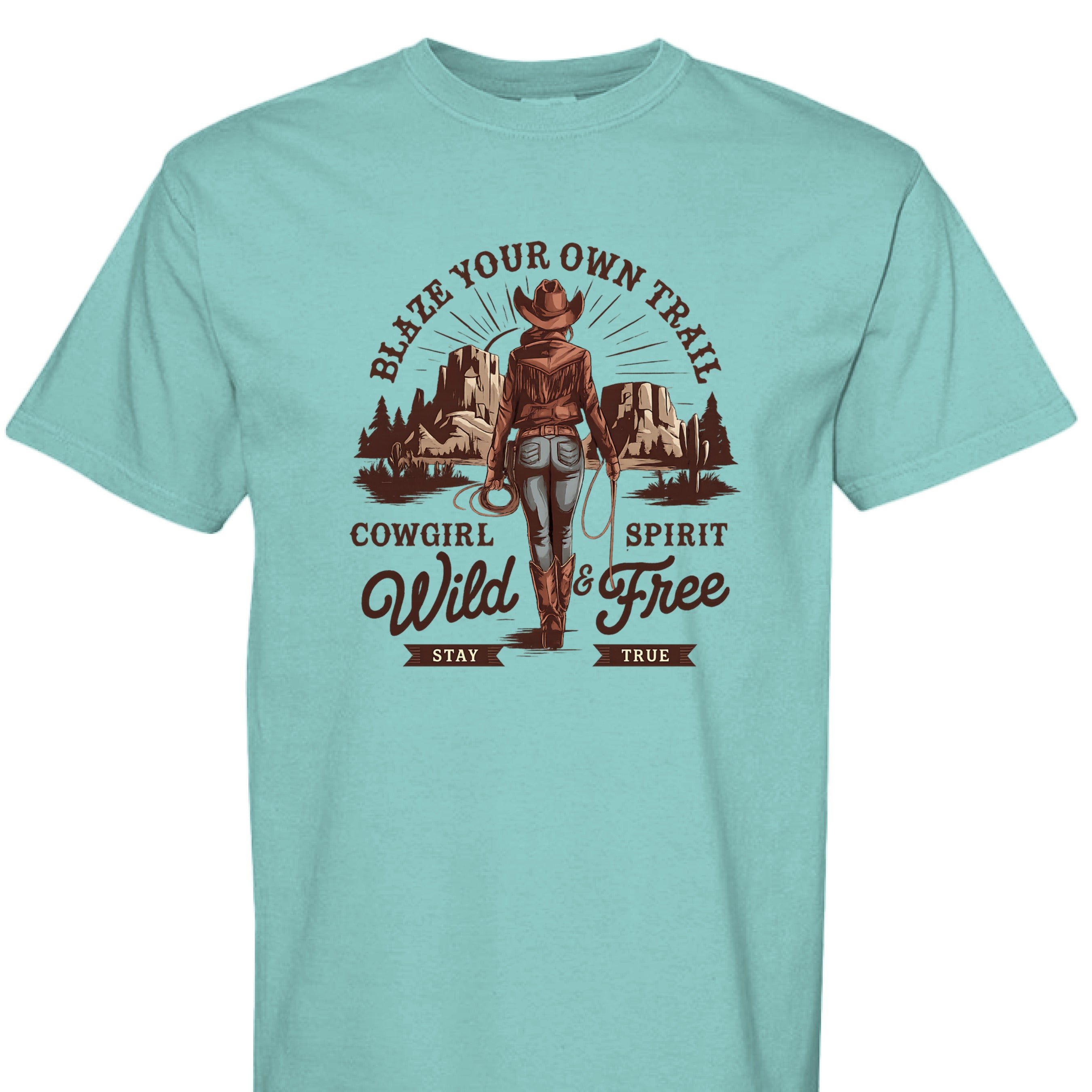 CHALKY MINT - FRONT - Cowgirl graphic shirt with rope border, desert mountains, and text Blaze Your Own Trail Wild & Free.