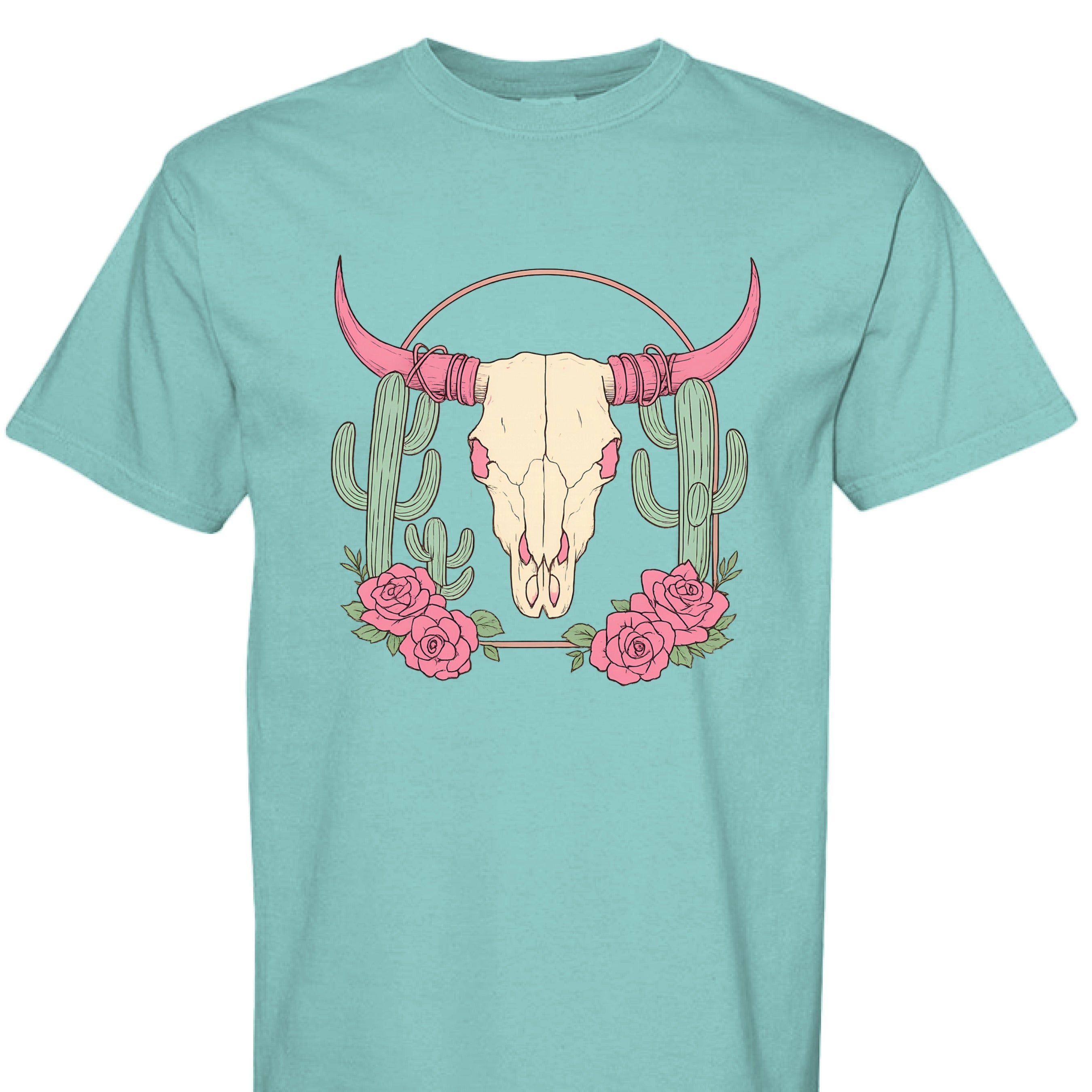 CHALKY MINT - FRONT - Boho Western t-shirt design with steer skull, pink horns, cactus, and roses on a rustic background.