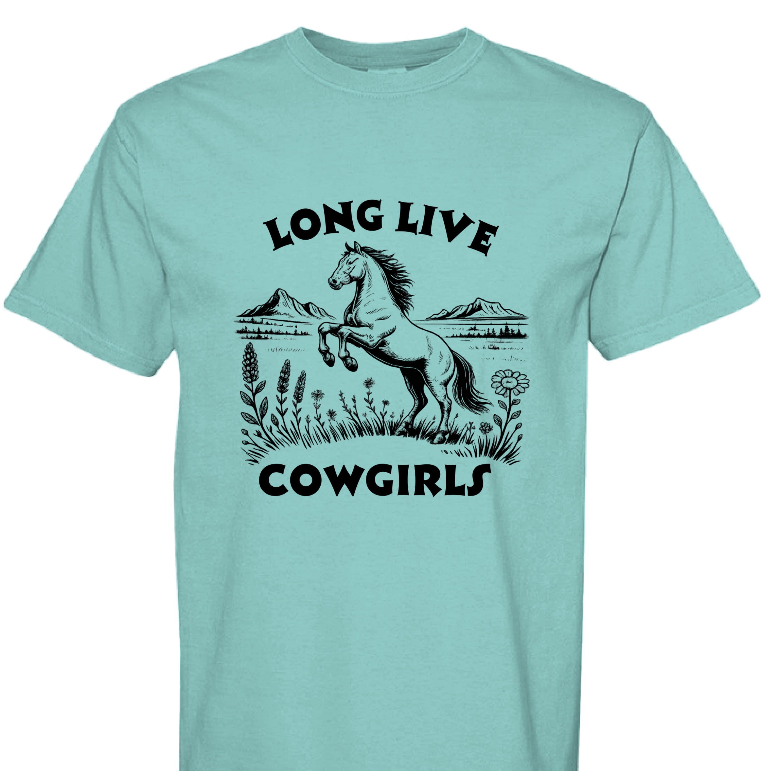 CHALKY MINT - FRONT - Long Live Cowgirls western shirt with rearing horse, mountain landscape, and wildflower country graphic design.