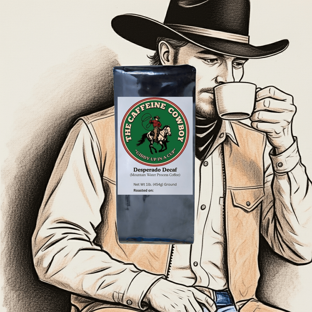 Desperado Decaf Mountain Water Process Coffee bag with medium roast beans and smooth chocolate aroma on wooden table.