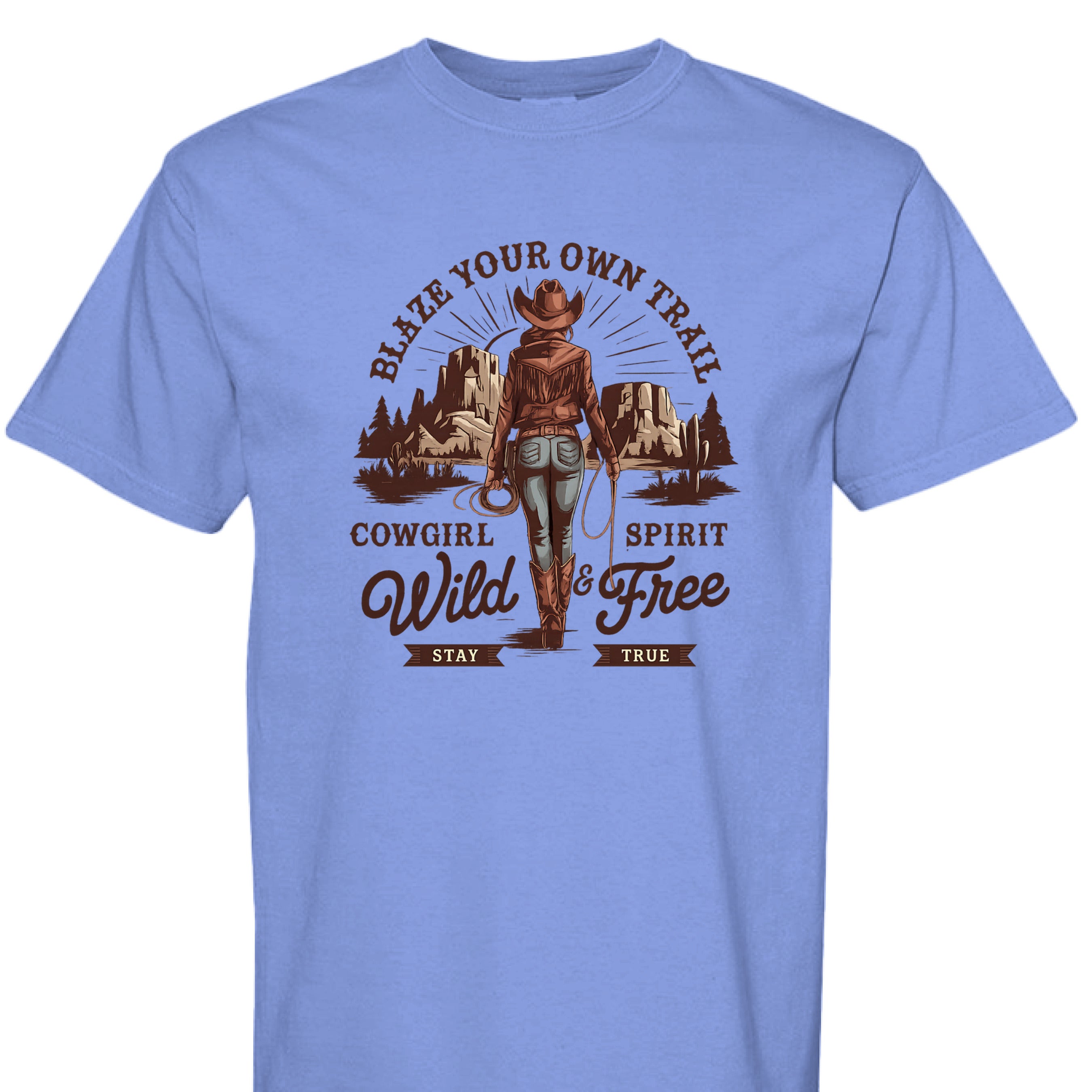 FLO BLUE - FRONT - Cowgirl graphic shirt with rope border, desert mountains, and text Blaze Your Own Trail Wild & Free.