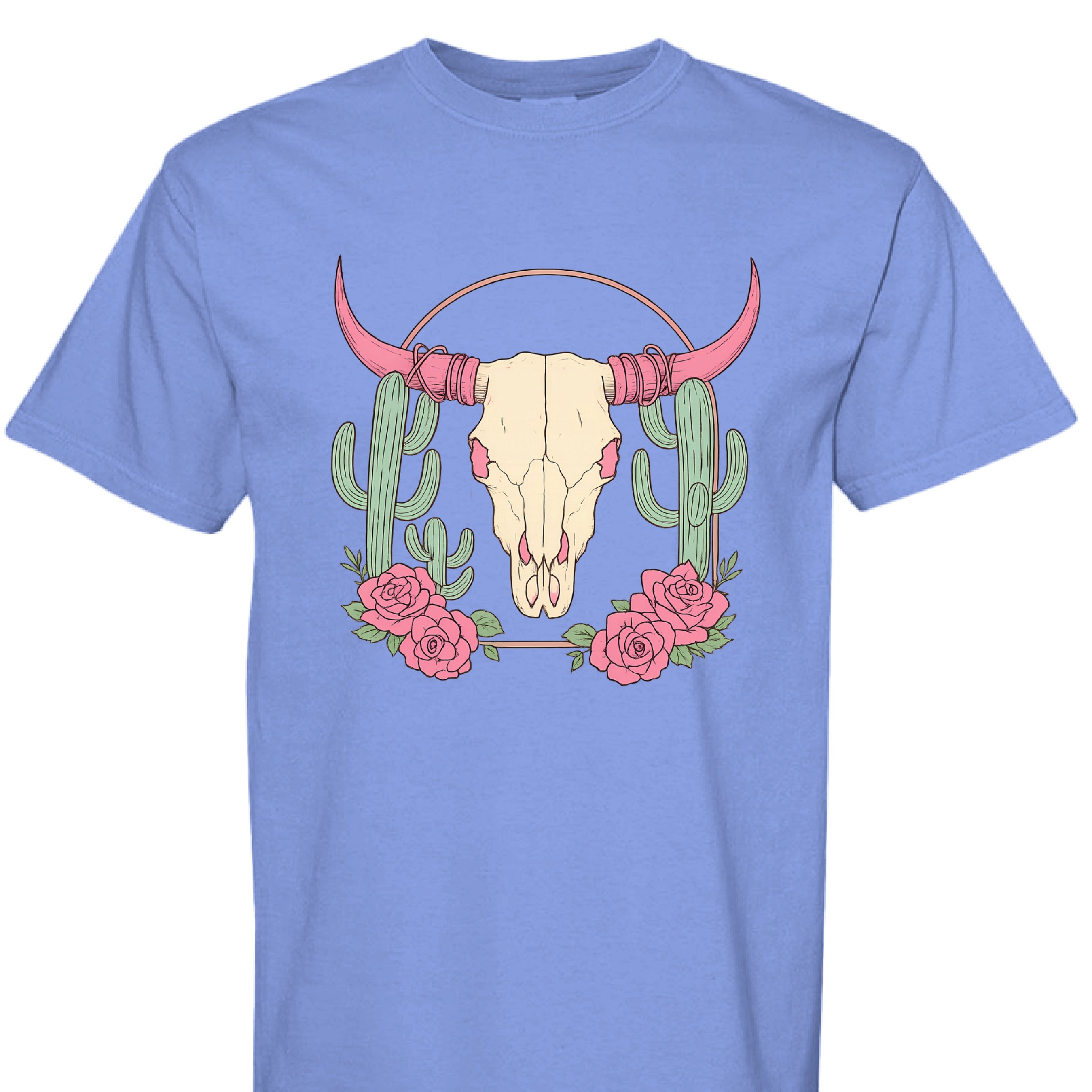 FLO BLUE - FRONT - Boho Western t-shirt design with steer skull, pink horns, cactus, and roses on a rustic background.
