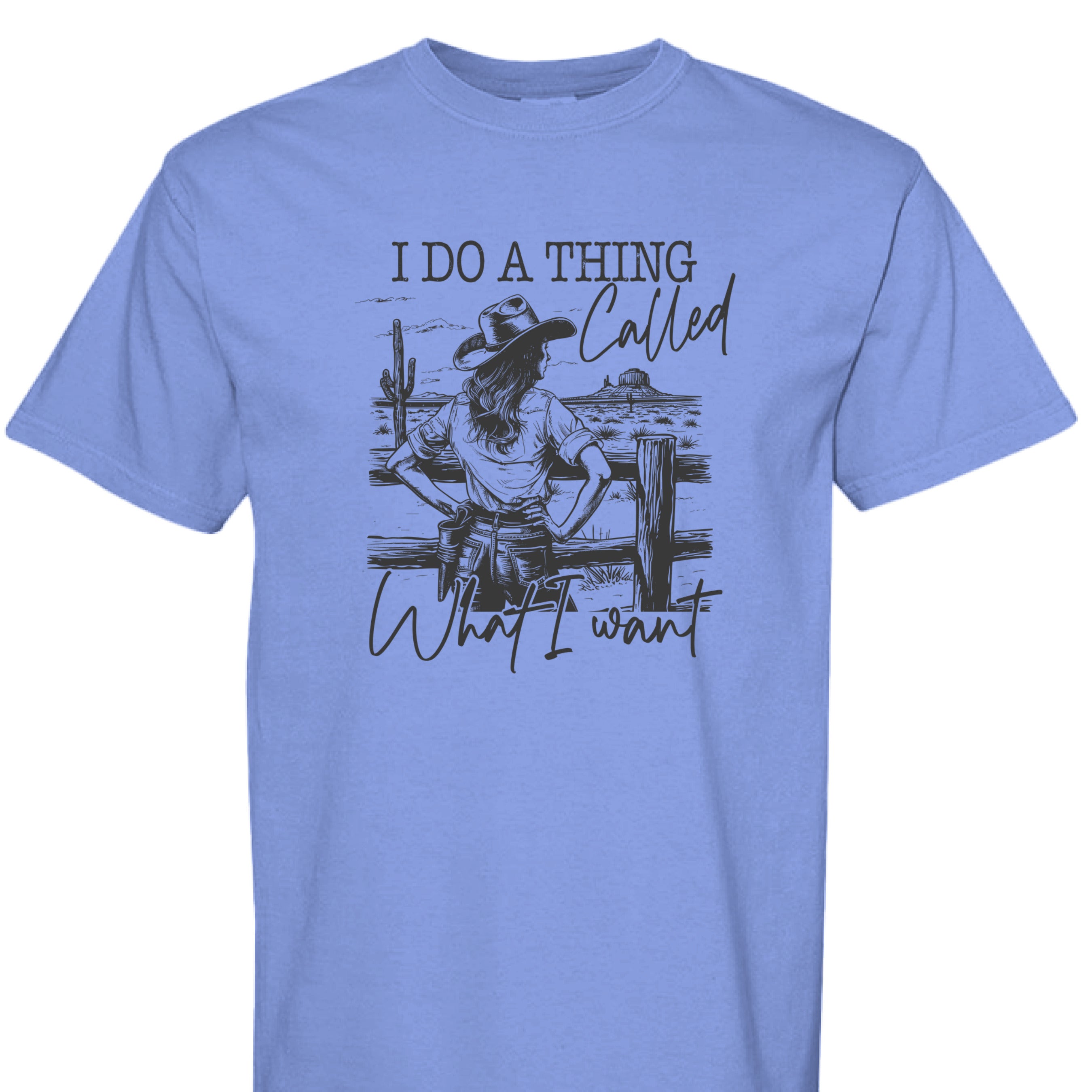 FLO BLUE - FRONT - I Do a Thing Called What I Want western shirt with cowgirl in hat and boots leaning on fence in desert landscape.