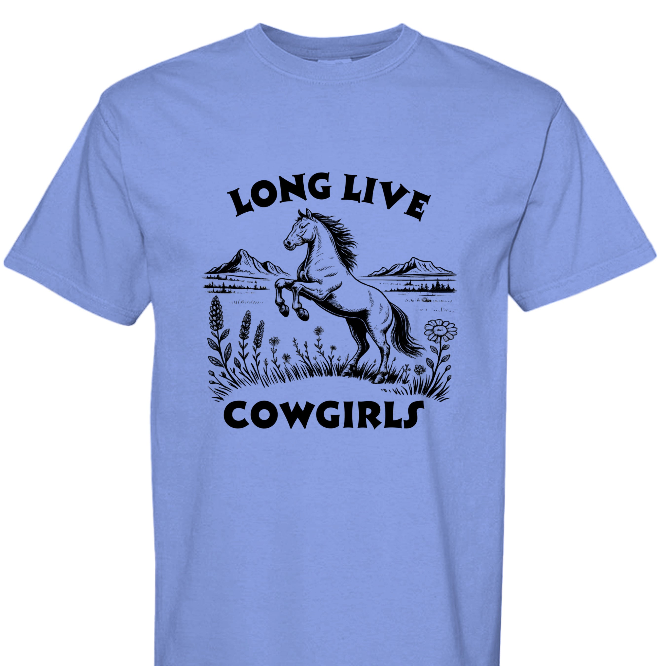 FLO BLUE - FRONT - Long Live Cowgirls western shirt with rearing horse, mountain landscape, and wildflower country graphic design.