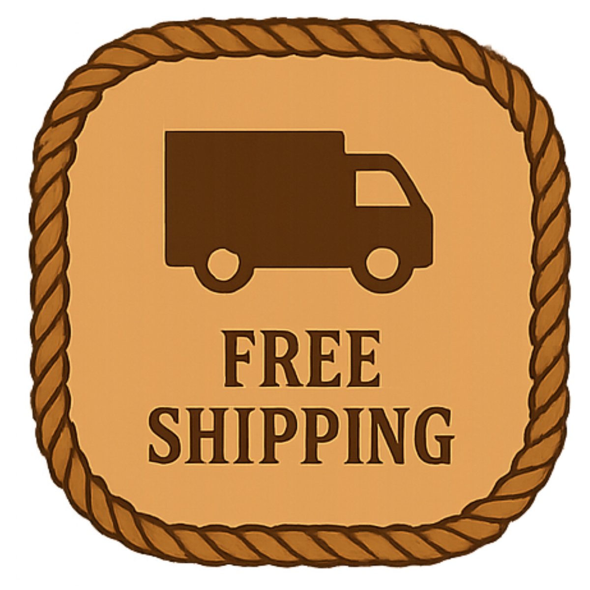 Free shipping label with a truck icon and 'FREE SHIPPING' text on a brown background.