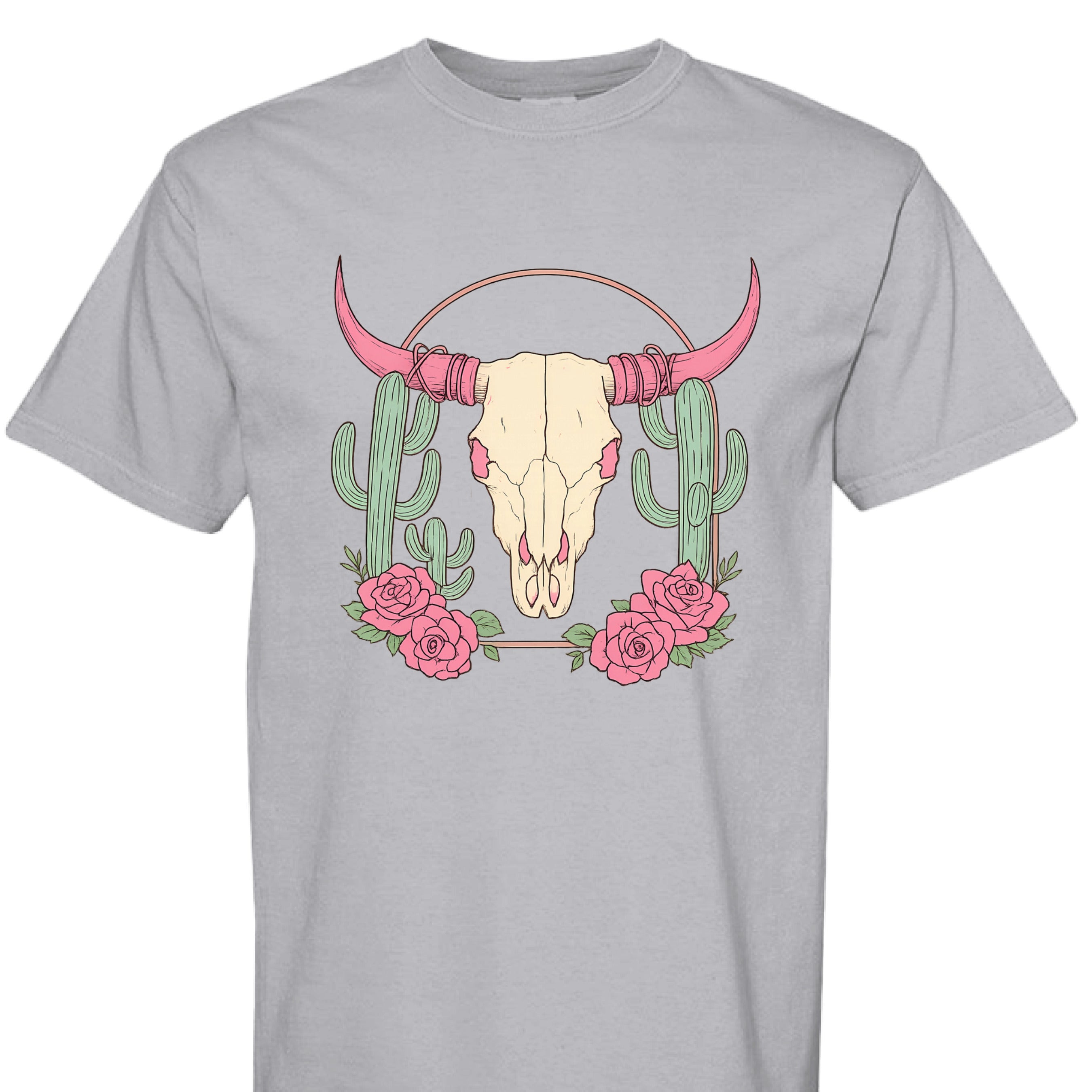 GRANITE - FRONT - Boho Western t-shirt design with steer skull, pink horns, cactus, and roses on a rustic background.