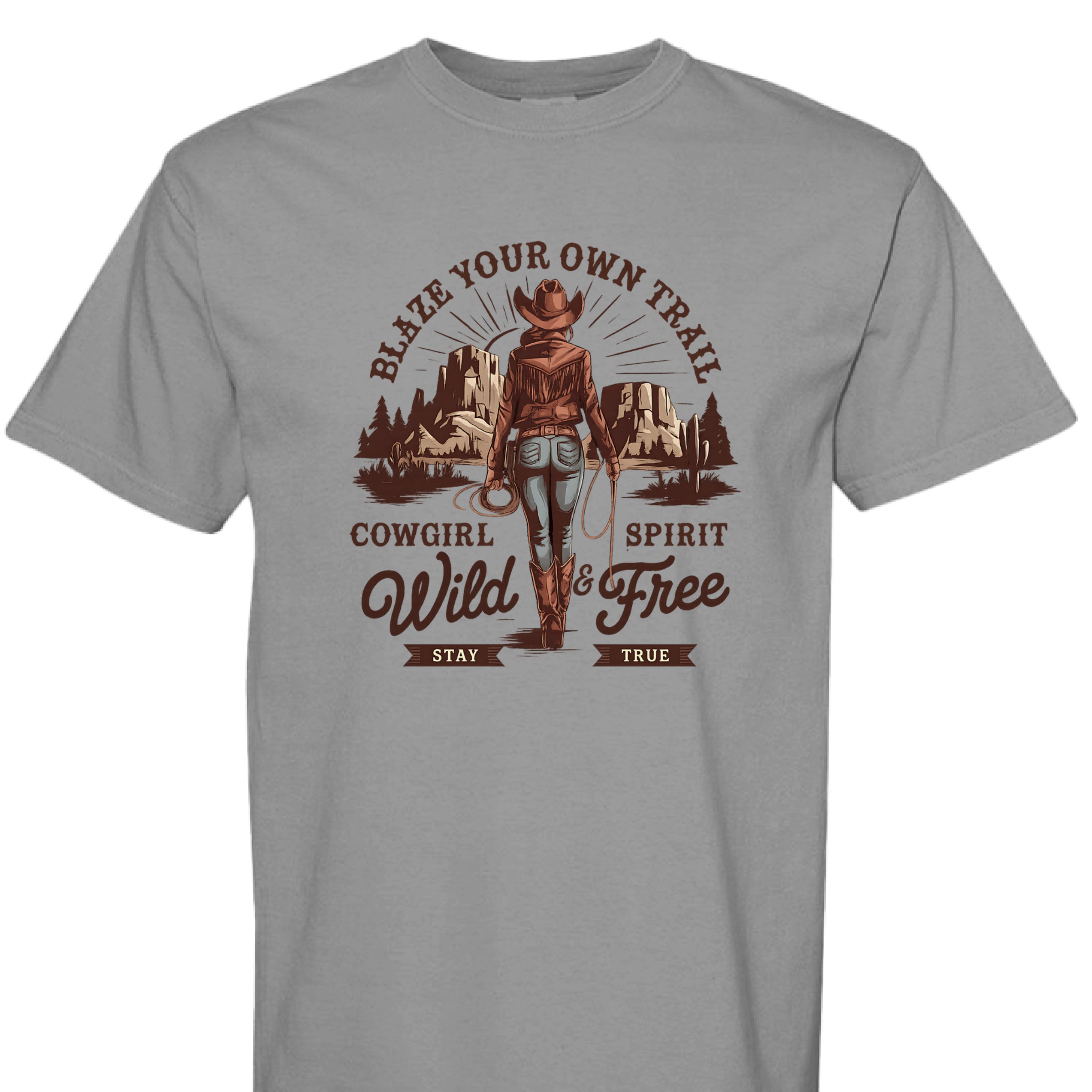 GREY - FRONT - Cowgirl graphic shirt with rope border, desert mountains, and text Blaze Your Own Trail Wild & Free.