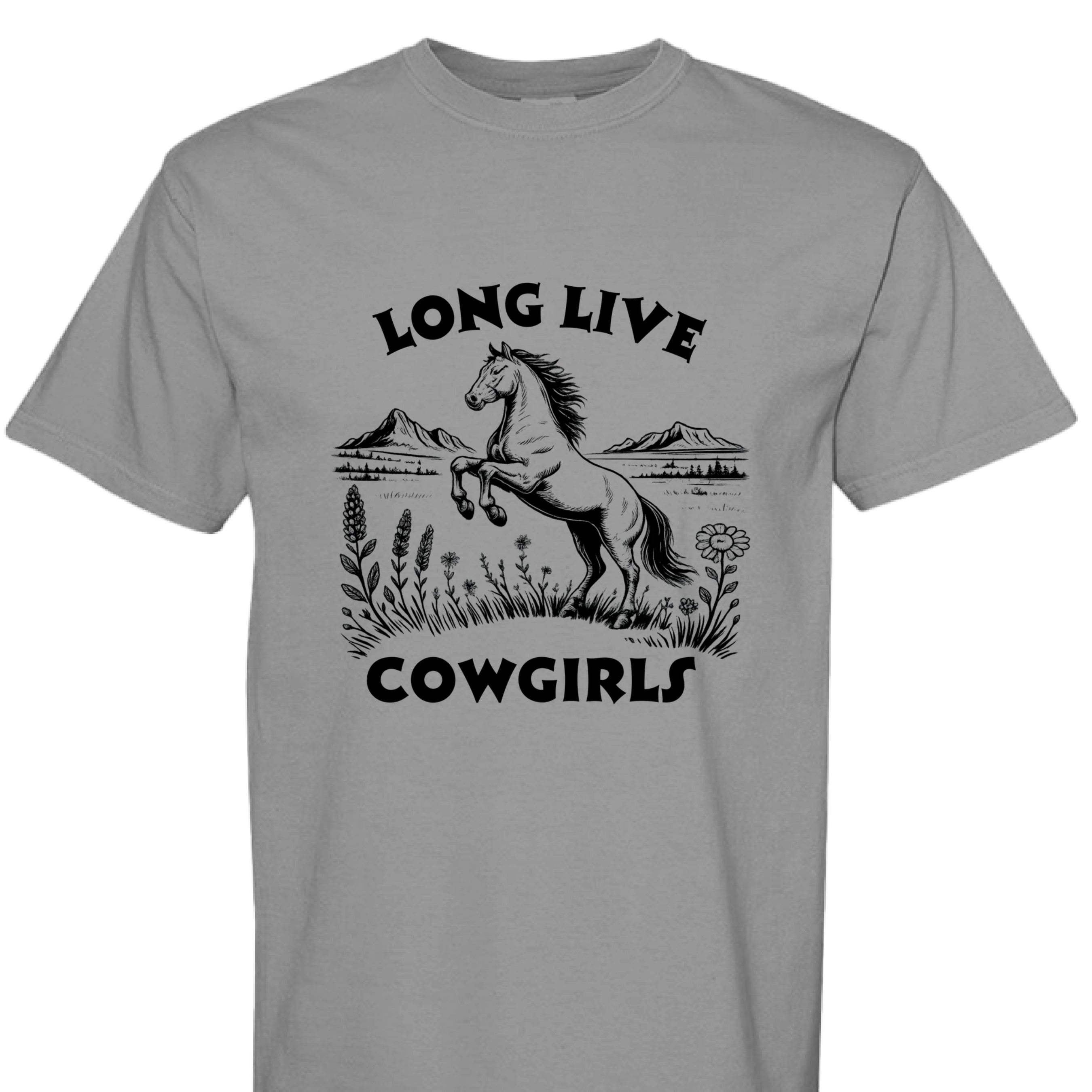 GREY - FRONT - Long Live Cowgirls western shirt with rearing horse, mountain landscape, and wildflower country graphic design.