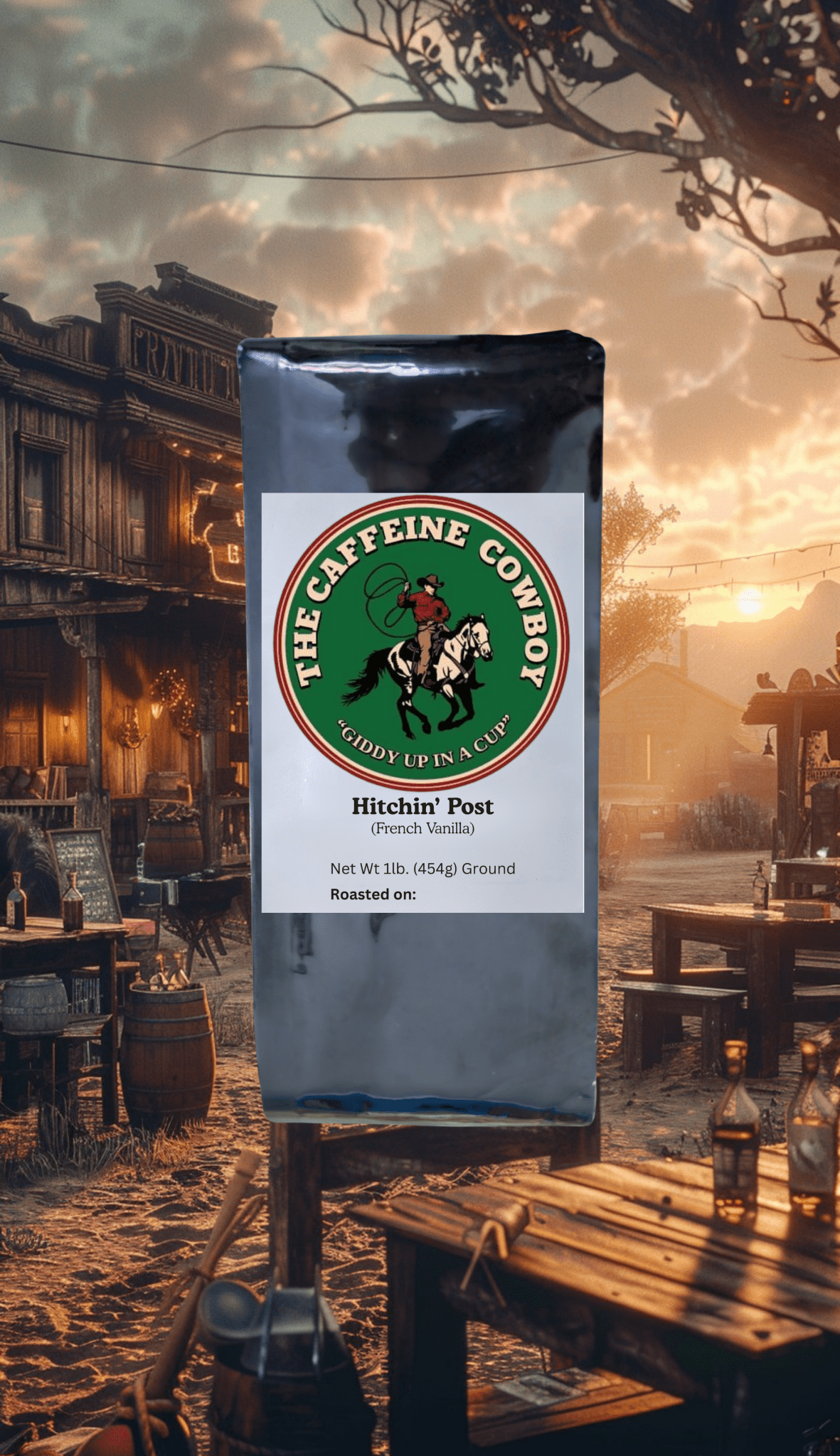 Hitchin’ Post French Vanilla Flavored Coffee bag with smooth medium roast beans and creamy vanilla aroma on rustic wood.
