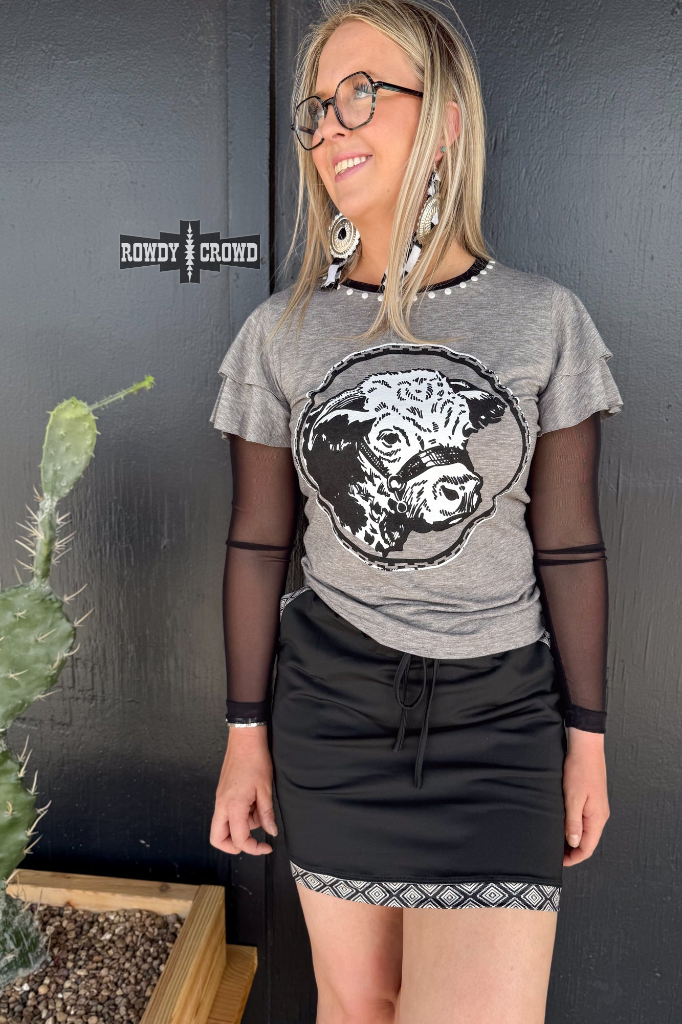 Howdy Hereford Mesh Sleeve Top - The Caffeine Cowboy