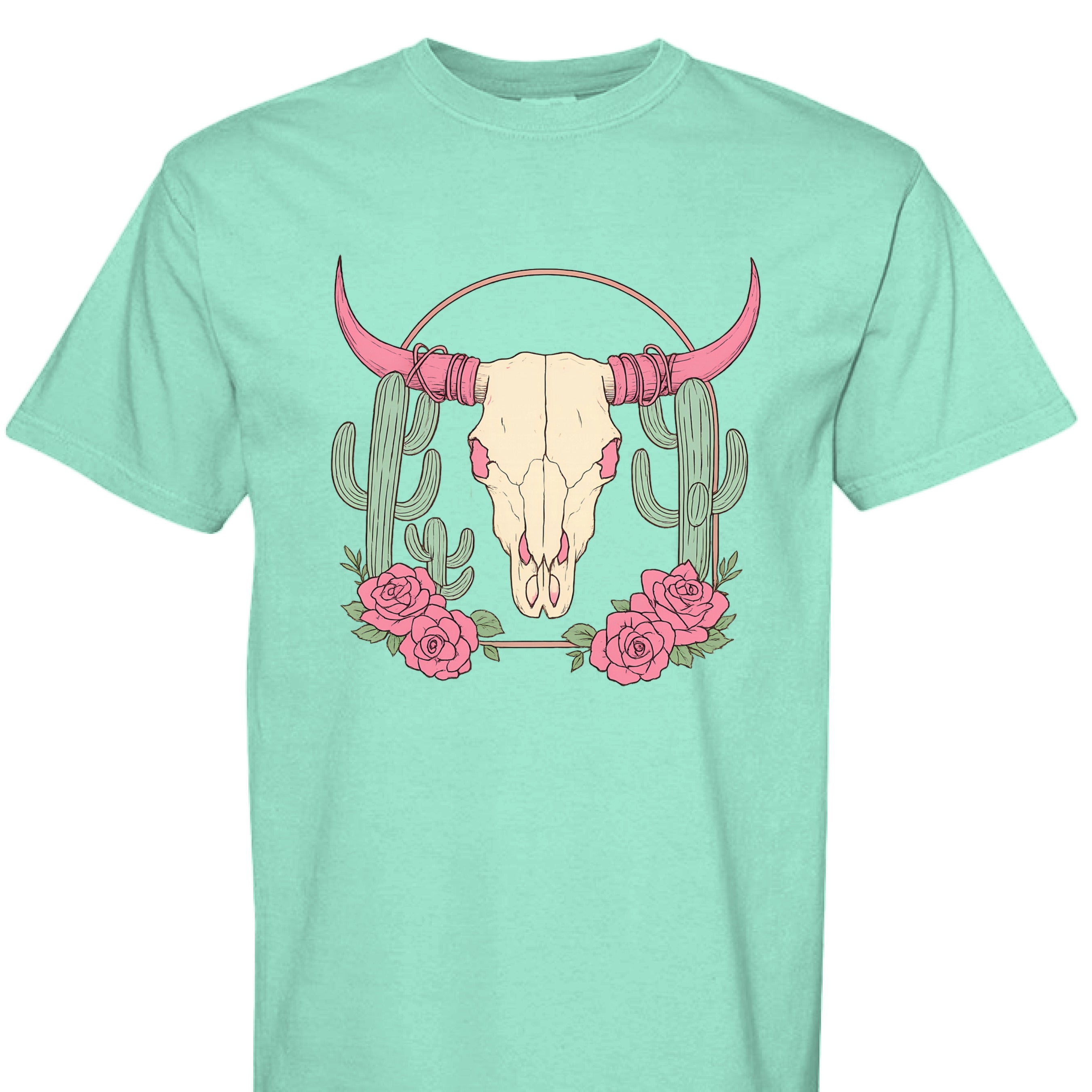 ISLAND REEF - FRONT - Boho Western t-shirt design with steer skull, pink horns, cactus, and roses on a rustic background.