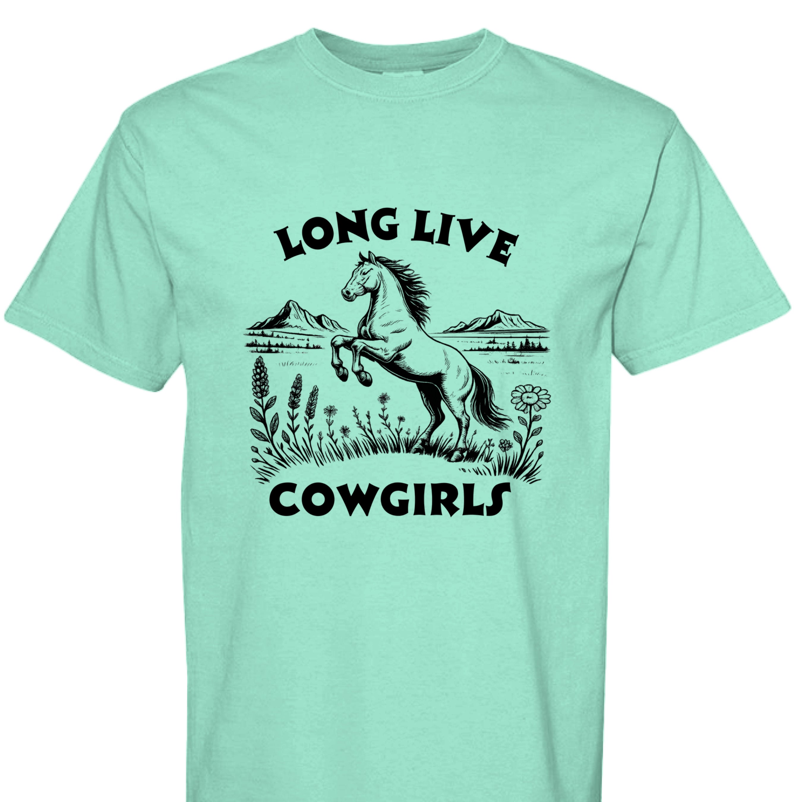 ISLAND REEF - FRONT - Long Live Cowgirls western shirt with rearing horse, mountain landscape, and wildflower country graphic design.