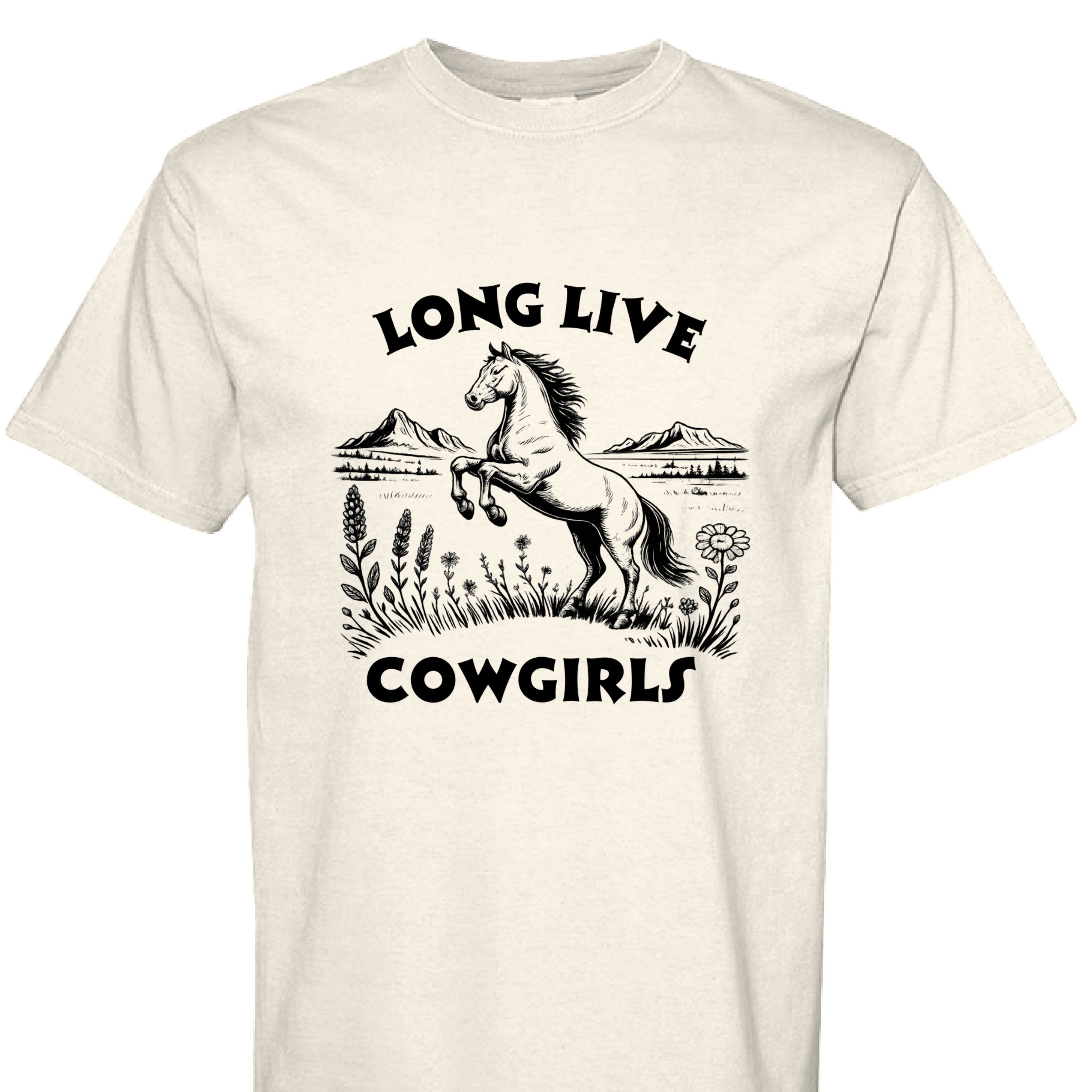 IVORY - FRONT - Long Live Cowgirls western shirt with rearing horse, mountain landscape, and wildflower country graphic design.
