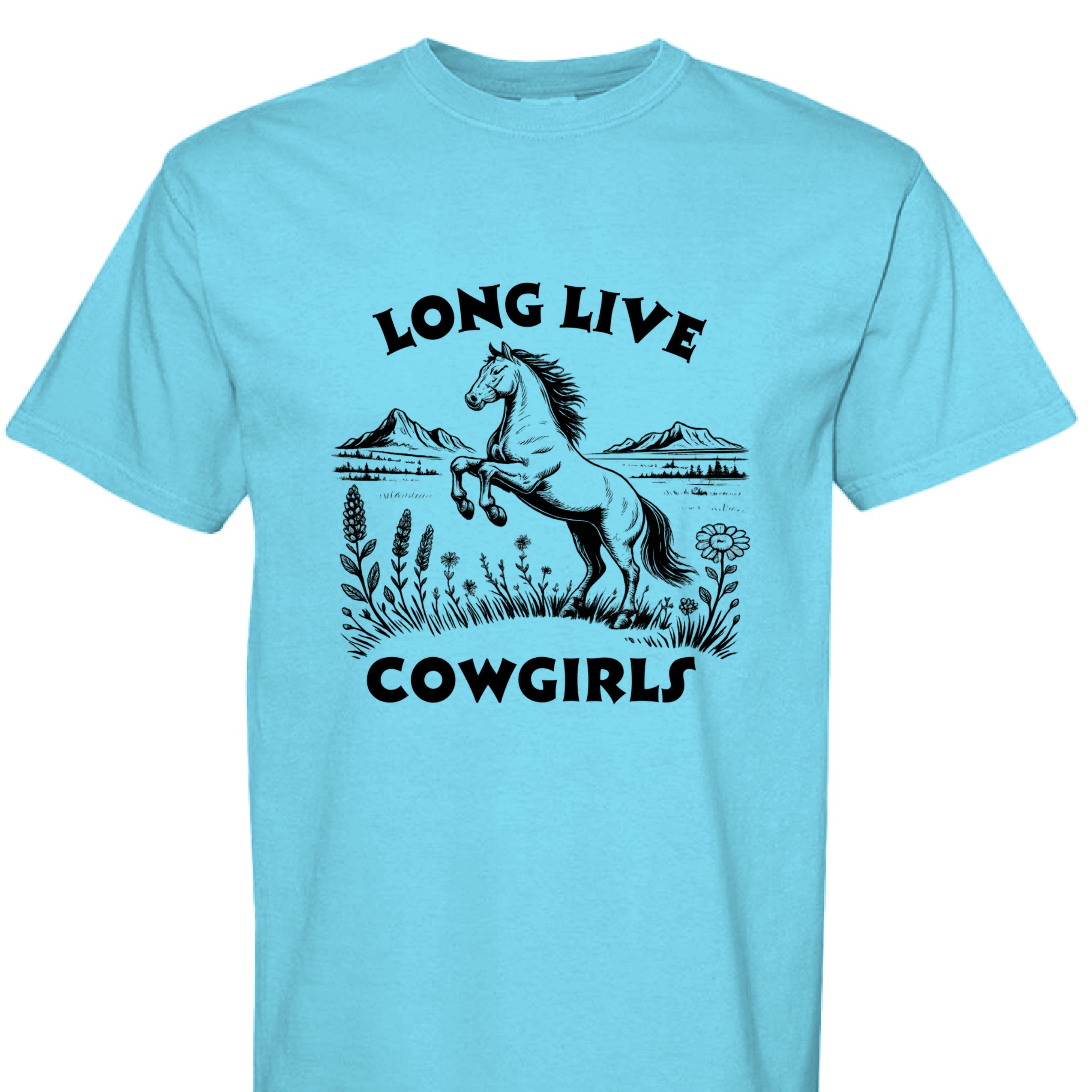 LAGOON BLUE - FRONT - Long Live Cowgirls western shirt with rearing horse, mountain landscape, and wildflower country graphic design.