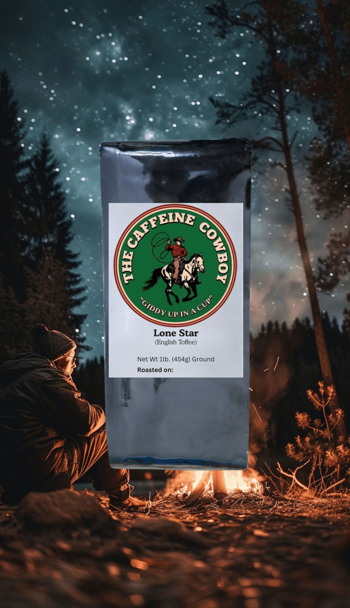 Lone Star English Toffee Flavored Coffee bag with medium roast beans and rich caramel aroma on a wooden table.