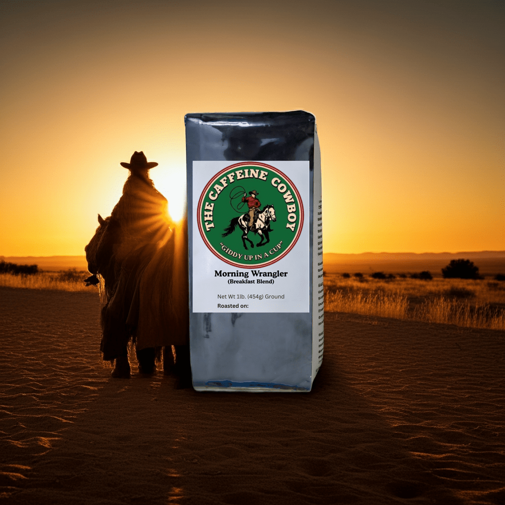 Morning Wrangler Breakfast Blend Coffee bag with medium roast beans and smooth caramel aroma on rustic wooden table.