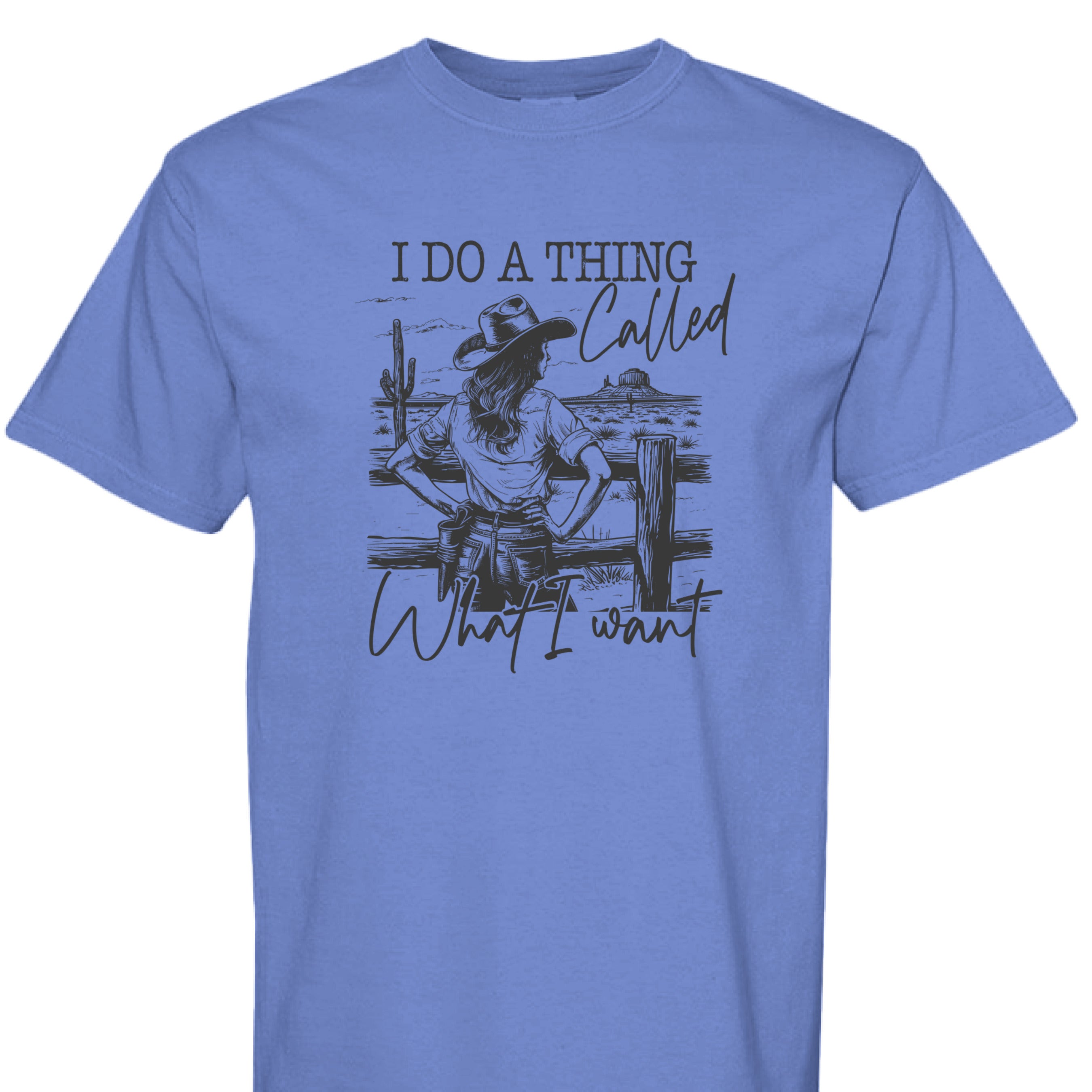 MYSTIC BLUE - FRONT - I Do a Thing Called What I Want western shirt with cowgirl in hat and boots leaning on fence in desert landscape.