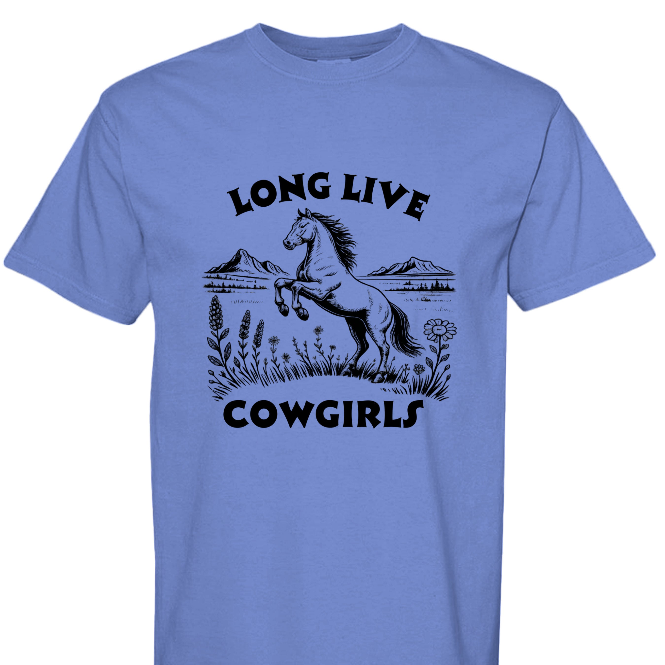 MYSTIC BLUE - FRONT - Long Live Cowgirls western shirt with rearing horse, mountain landscape, and wildflower country graphic design.