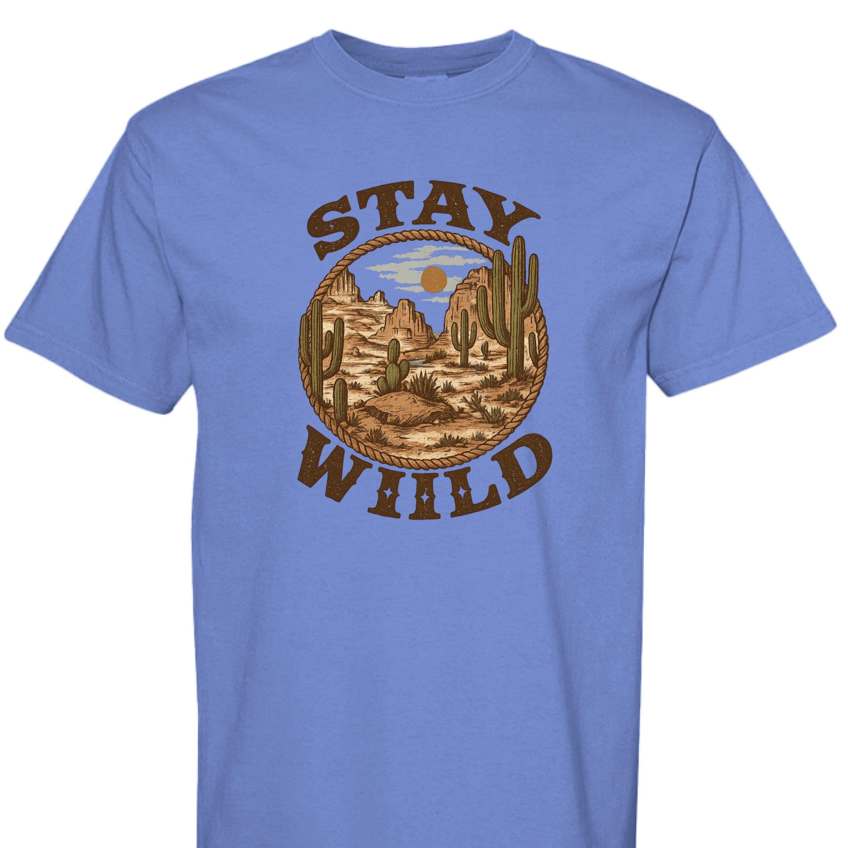 MYSTIC BLUE - FRONT - Stay Wild western graphic tee with desert mountains, cacti, rope border, and bold rustic lettering.