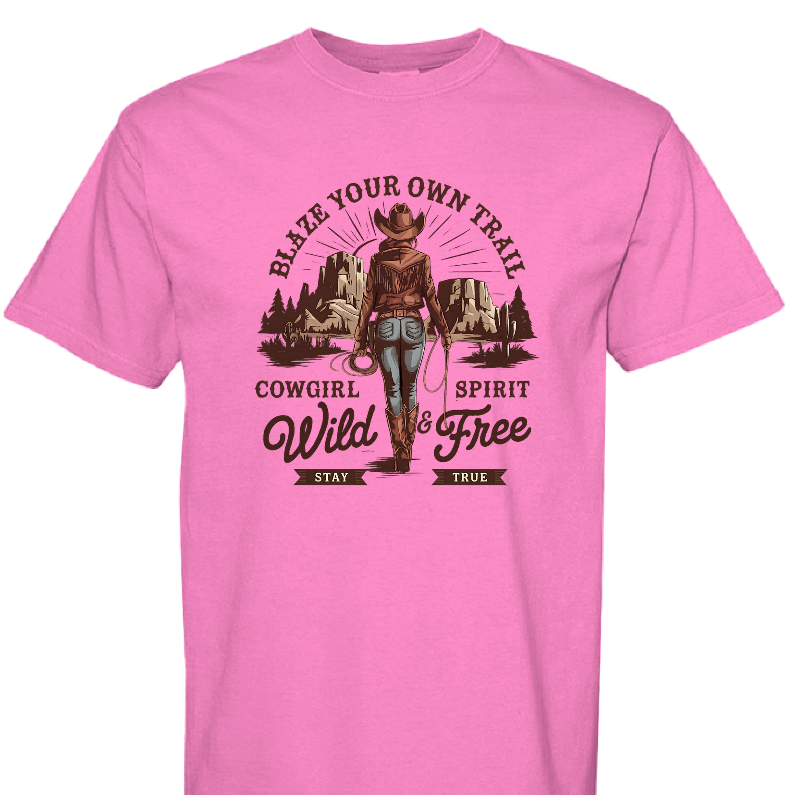 NEON PINK - FRONT - Cowgirl graphic shirt with rope border, desert mountains, and text Blaze Your Own Trail Wild & Free.