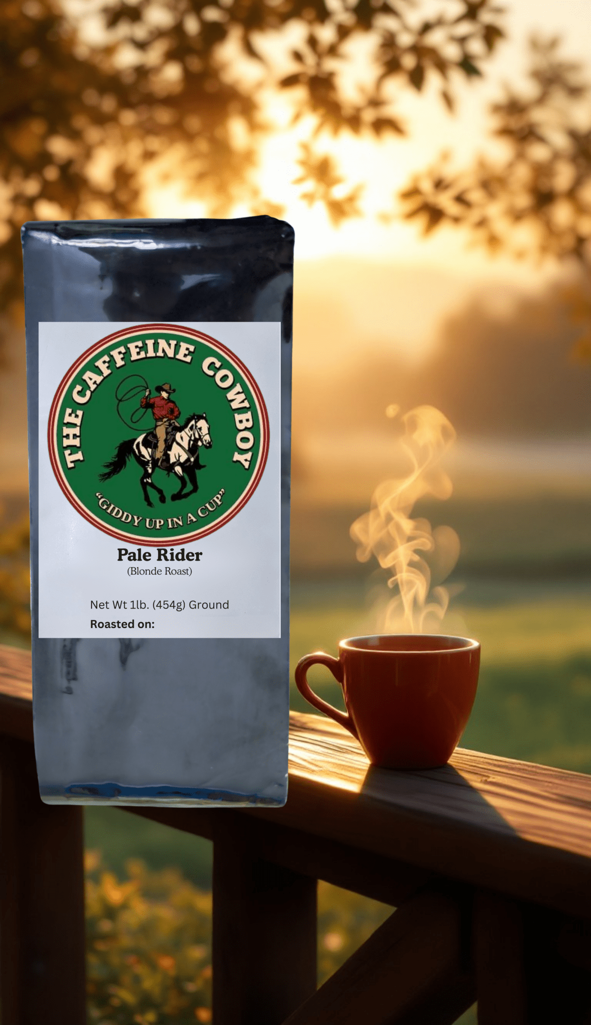 Pale Rider Blonde Roast Coffee bag with light golden beans, smooth medium body, and bright citrus notes on rustic wooden table.