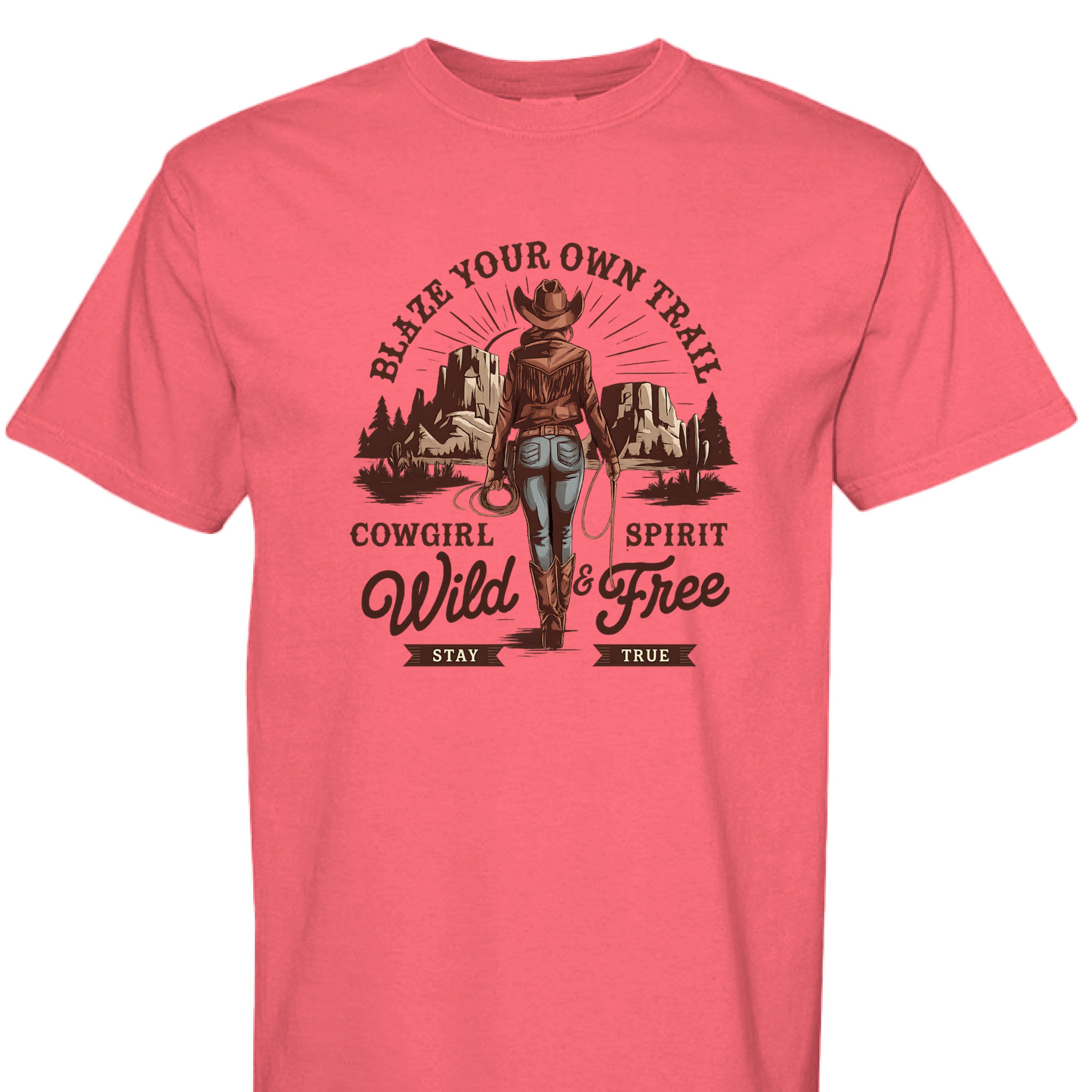 PAPRIKA - FRONT - Cowgirl graphic shirt with rope border, desert mountains, and text Blaze Your Own Trail Wild & Free.
