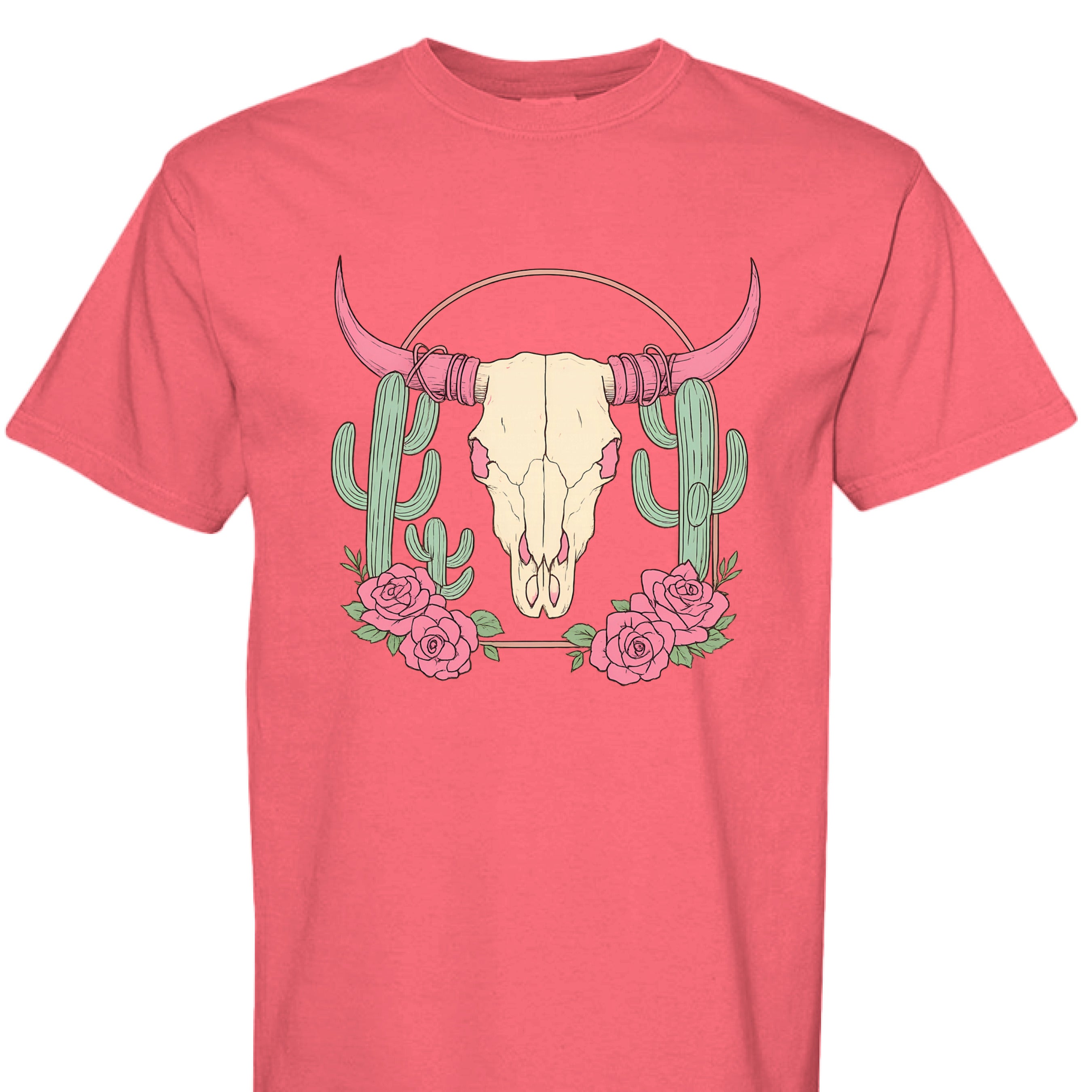 PAPRIKA - FRONT - Boho Western t-shirt design with steer skull, pink horns, cactus, and roses on a rustic background.