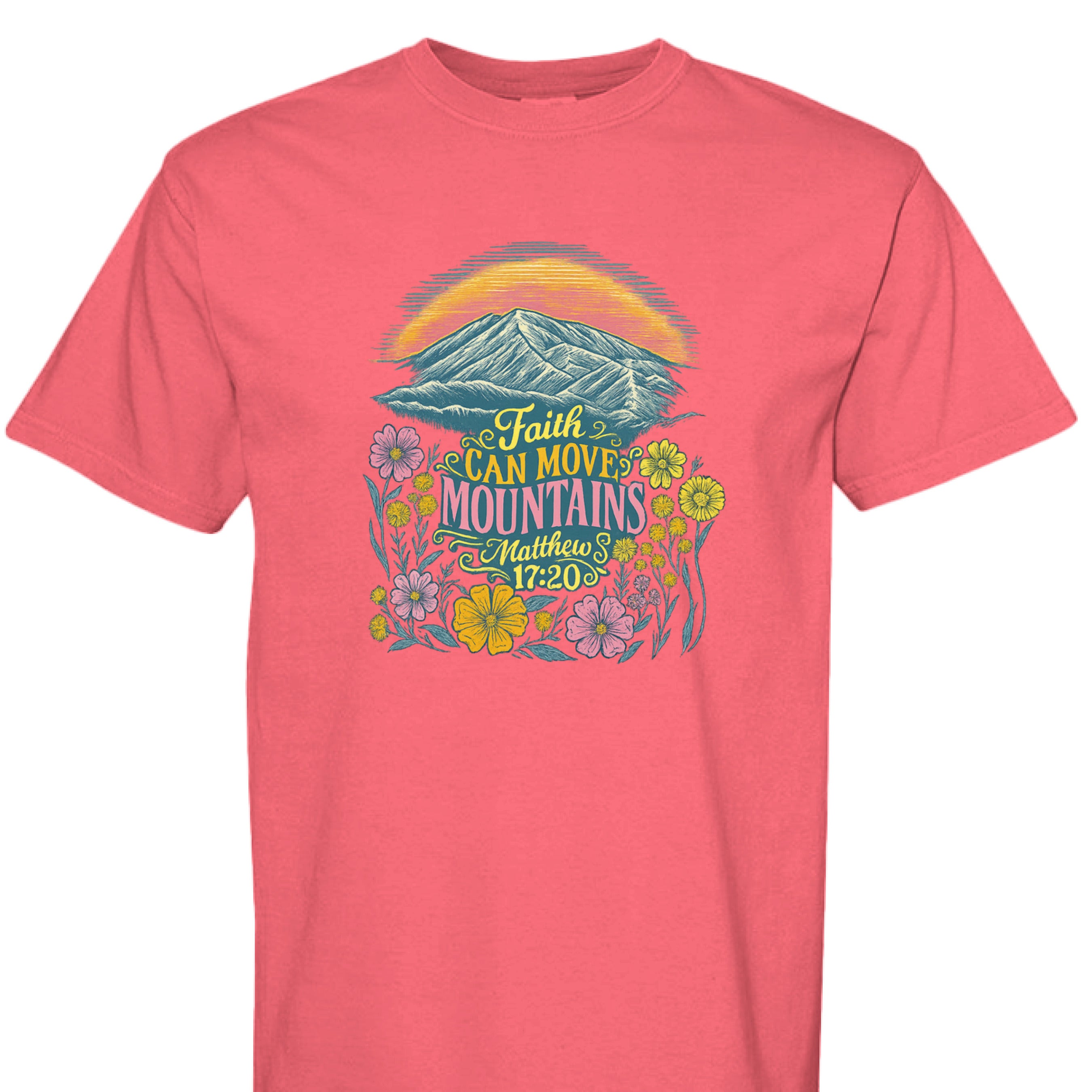 PAPRIKA - FRONT - Faith Can Move Mountains Christian graphic shirt with Bible verse Matthew 17:20, sunrise, mountains, and wildflowers.