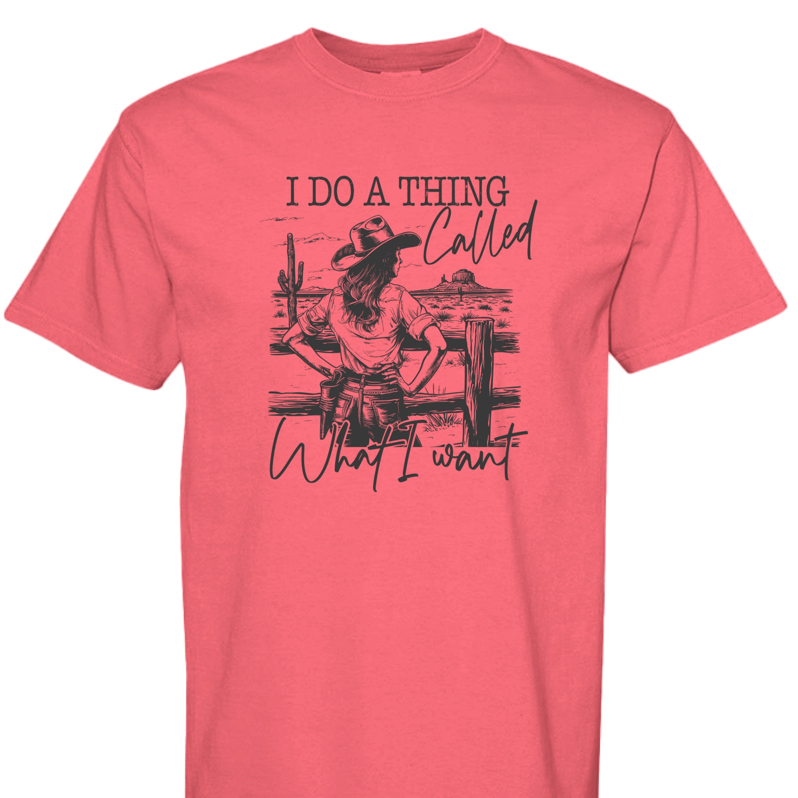PAPRIKA - FRONT - I Do a Thing Called What I Want western shirt with cowgirl in hat and boots leaning on fence in desert landscape.
