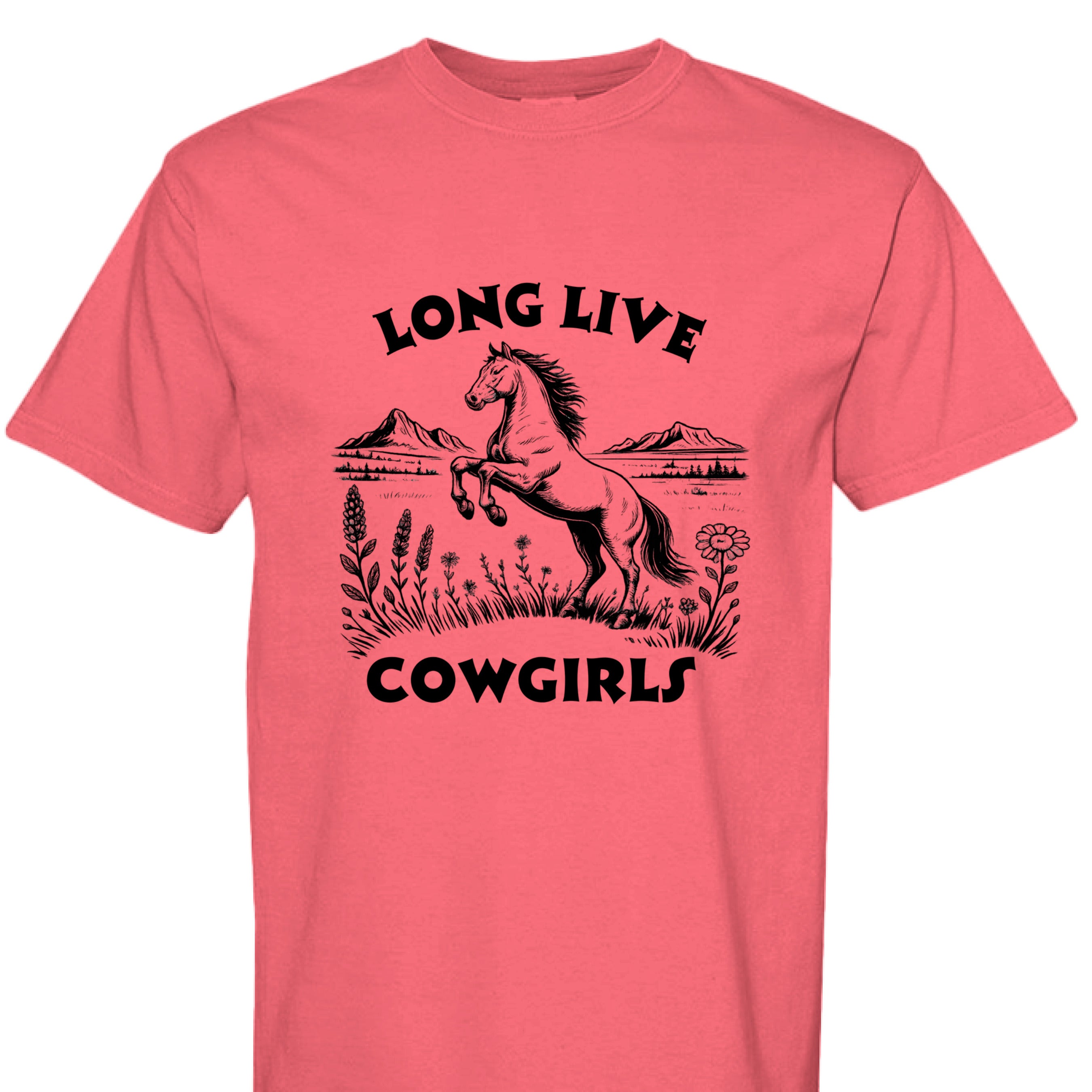 PAPRIKA - FRONT - Long Live Cowgirls western shirt with rearing horse, mountain landscape, and wildflower country graphic design.