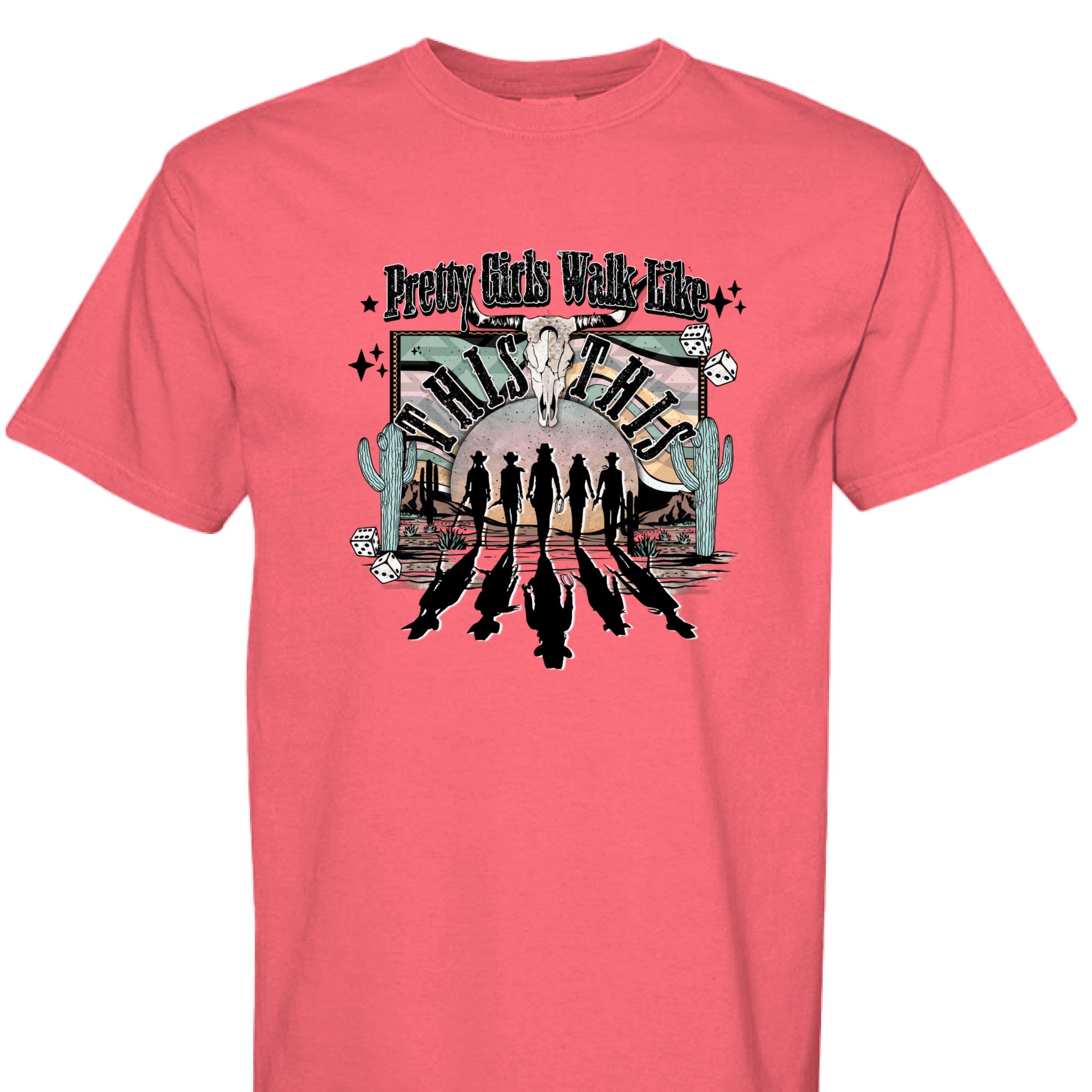 PAPRIKA - FRONT - Western graphic T-shirt design with cowgirl silhouettes, steer skull, desert sunset, dice, and text Pretty Girls Walk Like This.