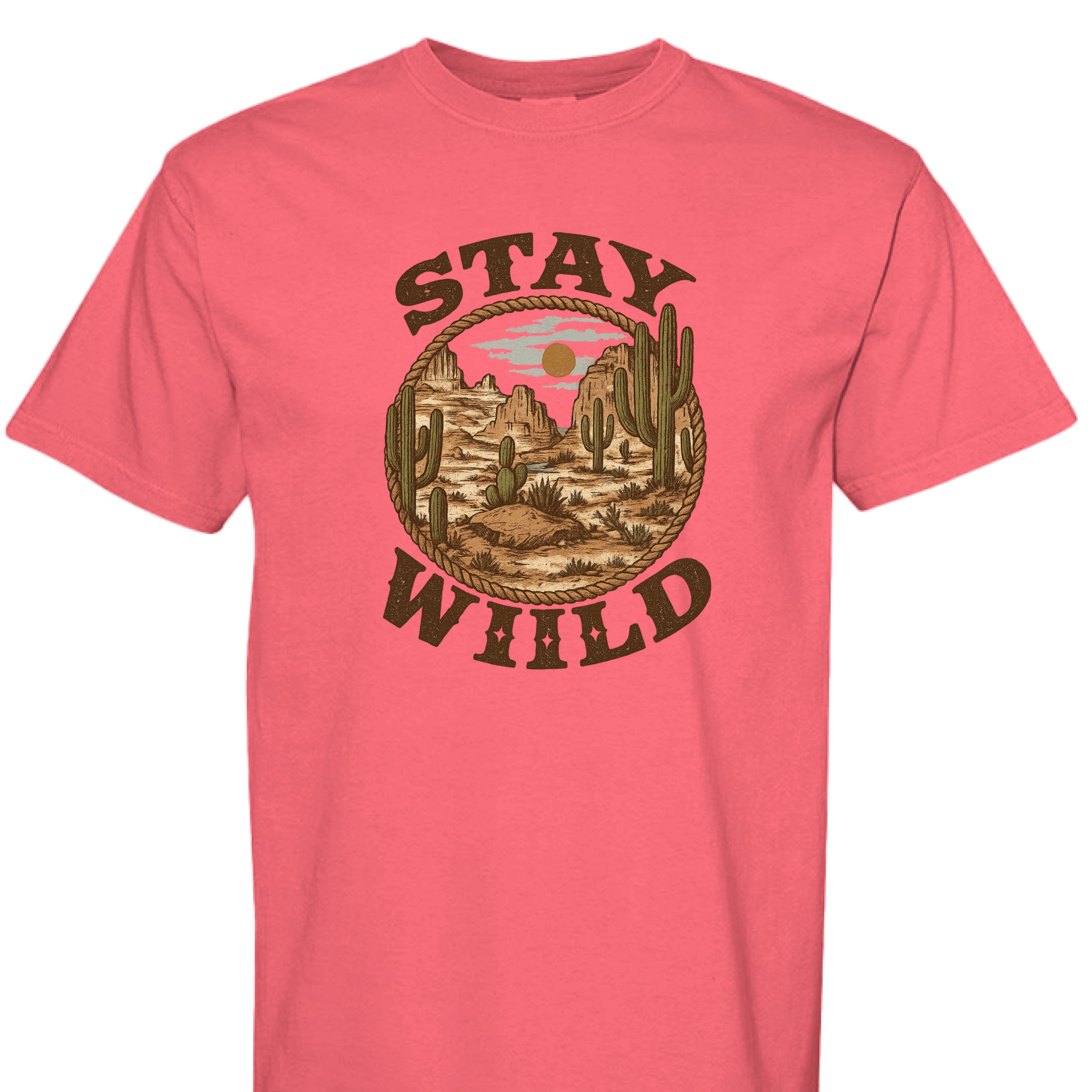 PAPRIKA - FRONT - Stay Wild western graphic tee with desert mountains, cacti, rope border, and bold rustic lettering.