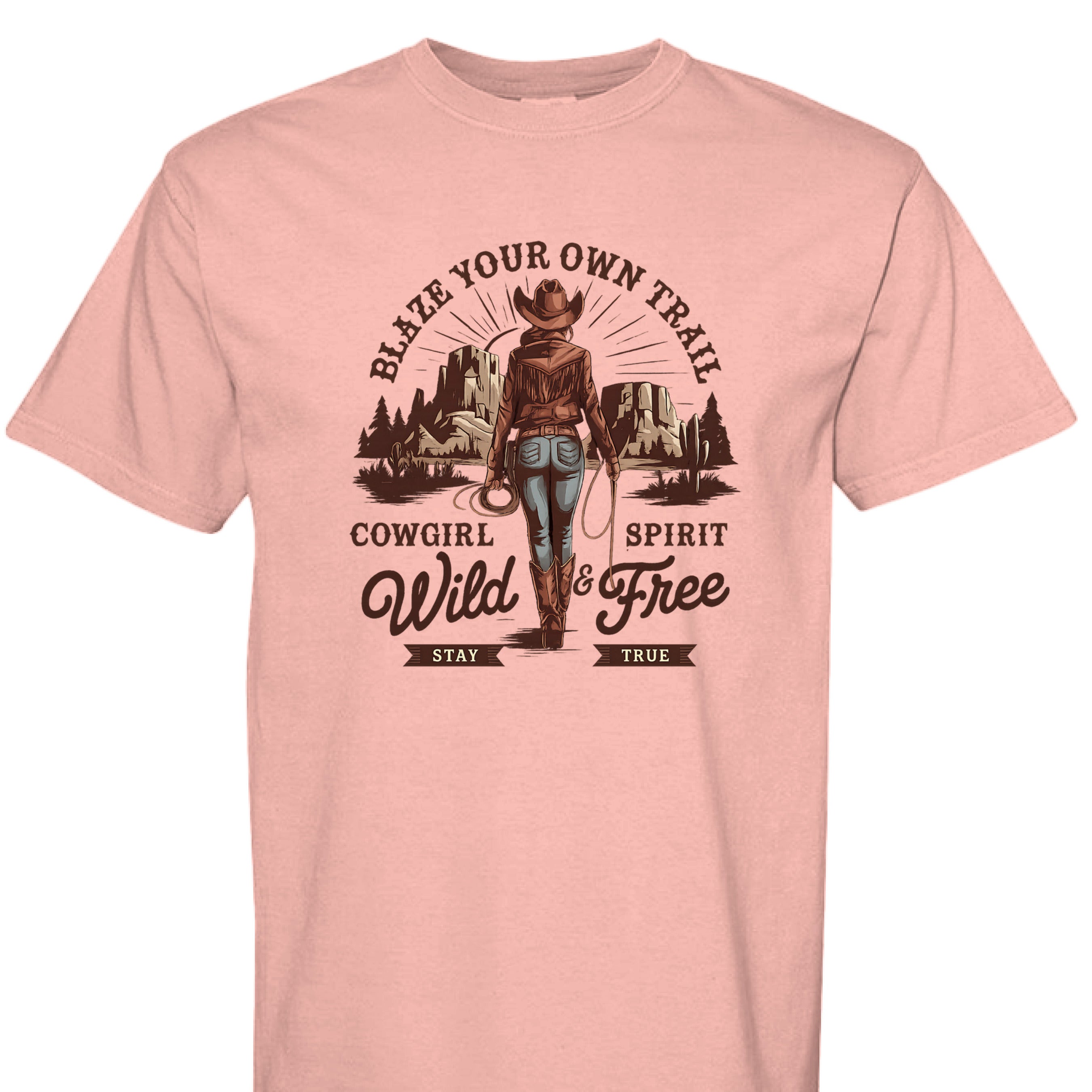 Peachy - FRONT - Cowgirl graphic shirt with rope border, desert mountains, and text Blaze Your Own Trail Wild & Free.