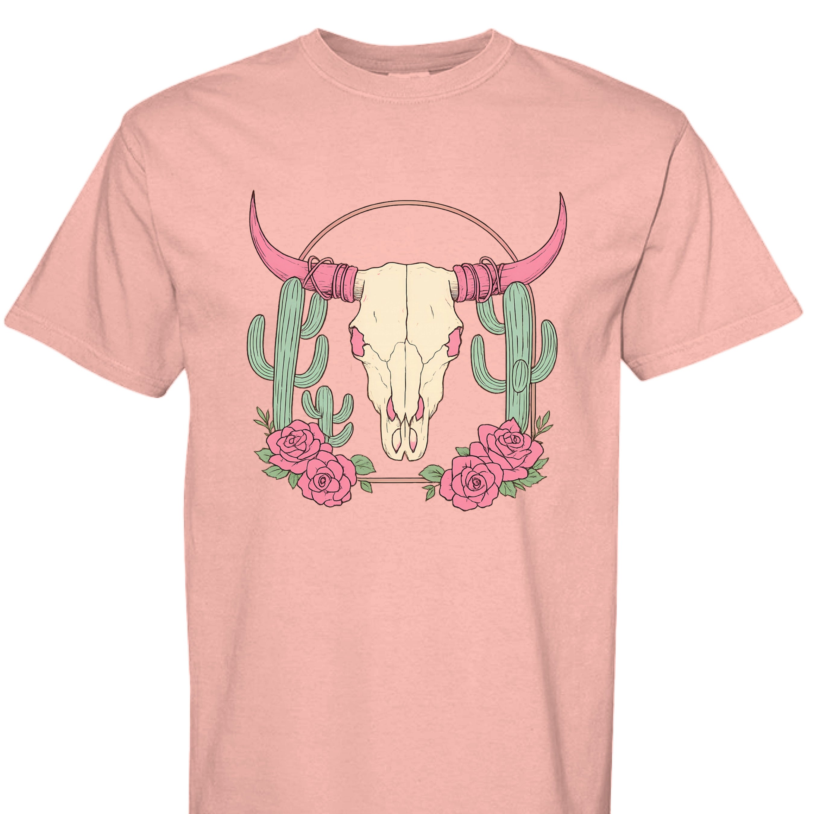 Peachy - FRONT - Boho Western t-shirt design with steer skull, pink horns, cactus, and roses on a rustic background.