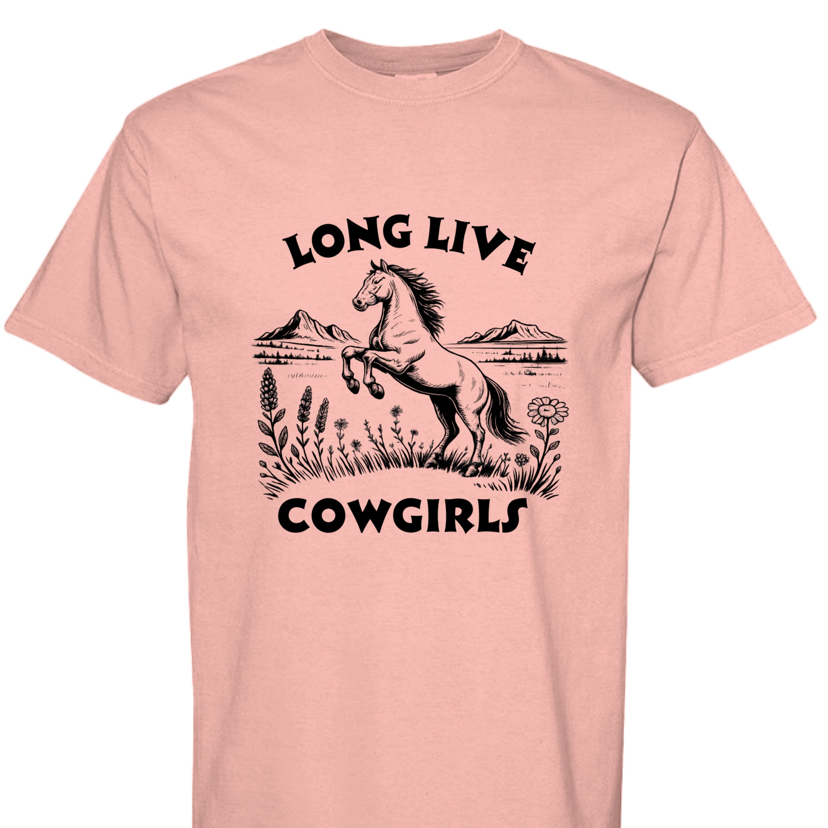 Peachy - FRONT - Long Live Cowgirls western shirt with rearing horse, mountain landscape, and wildflower country graphic design.