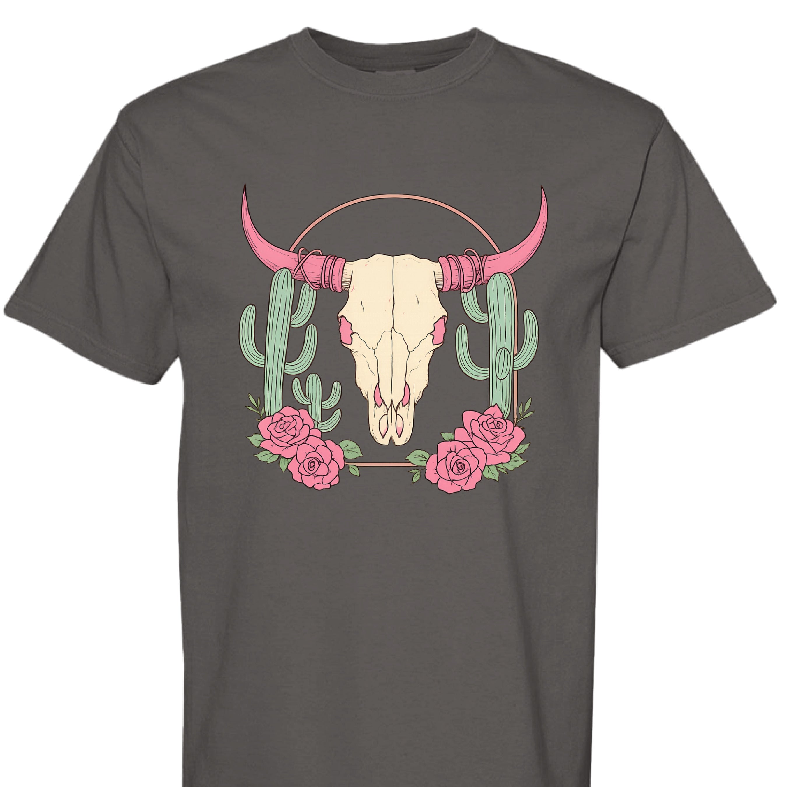 PEPPER - FRONT - Boho Western t-shirt design with steer skull, pink horns, cactus, and roses on a rustic background.