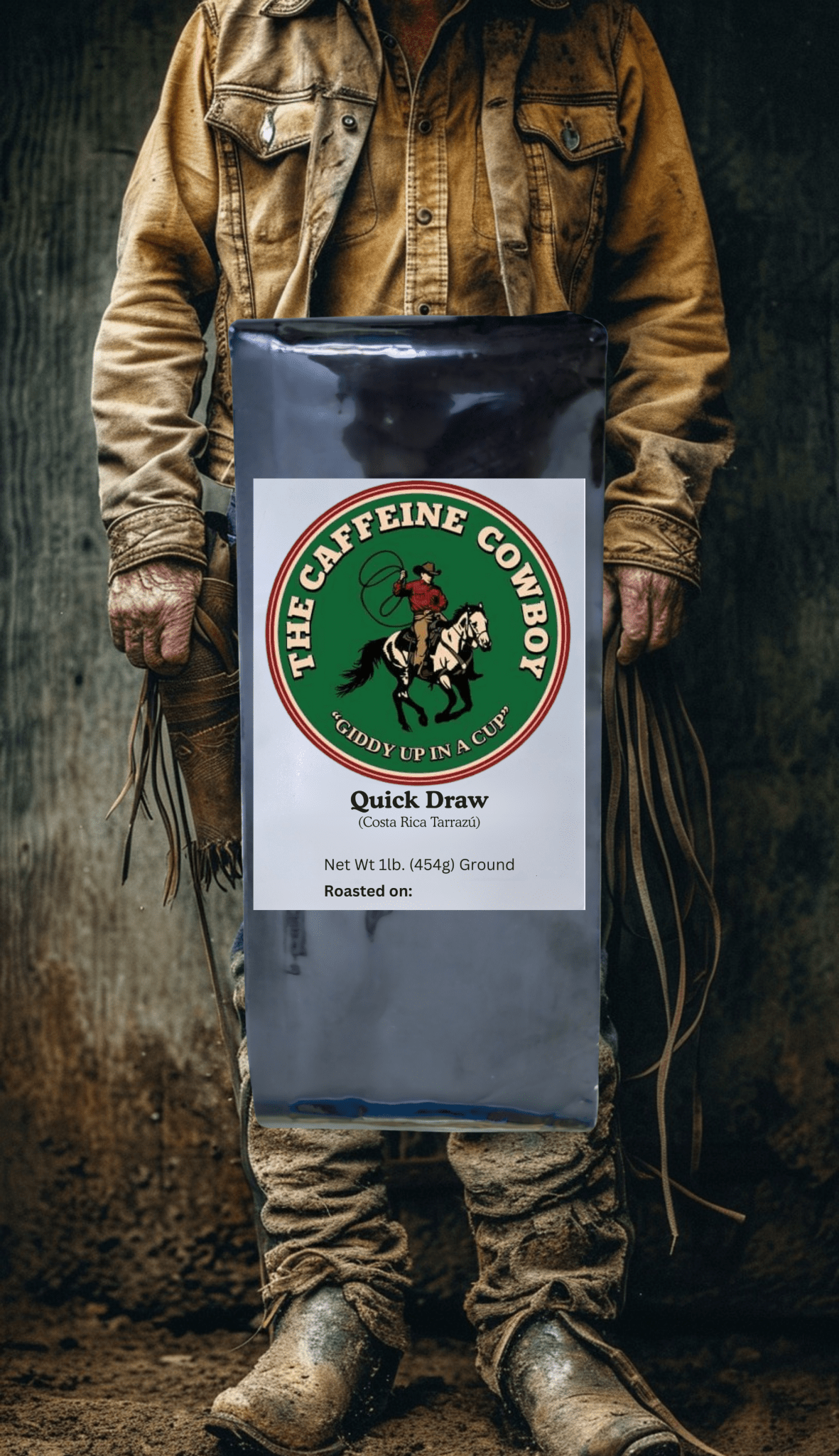 Quick Draw Costa Rica Tarrazú Coffee bag with bright medium roast beans and crisp citrus aroma on rustic wood.