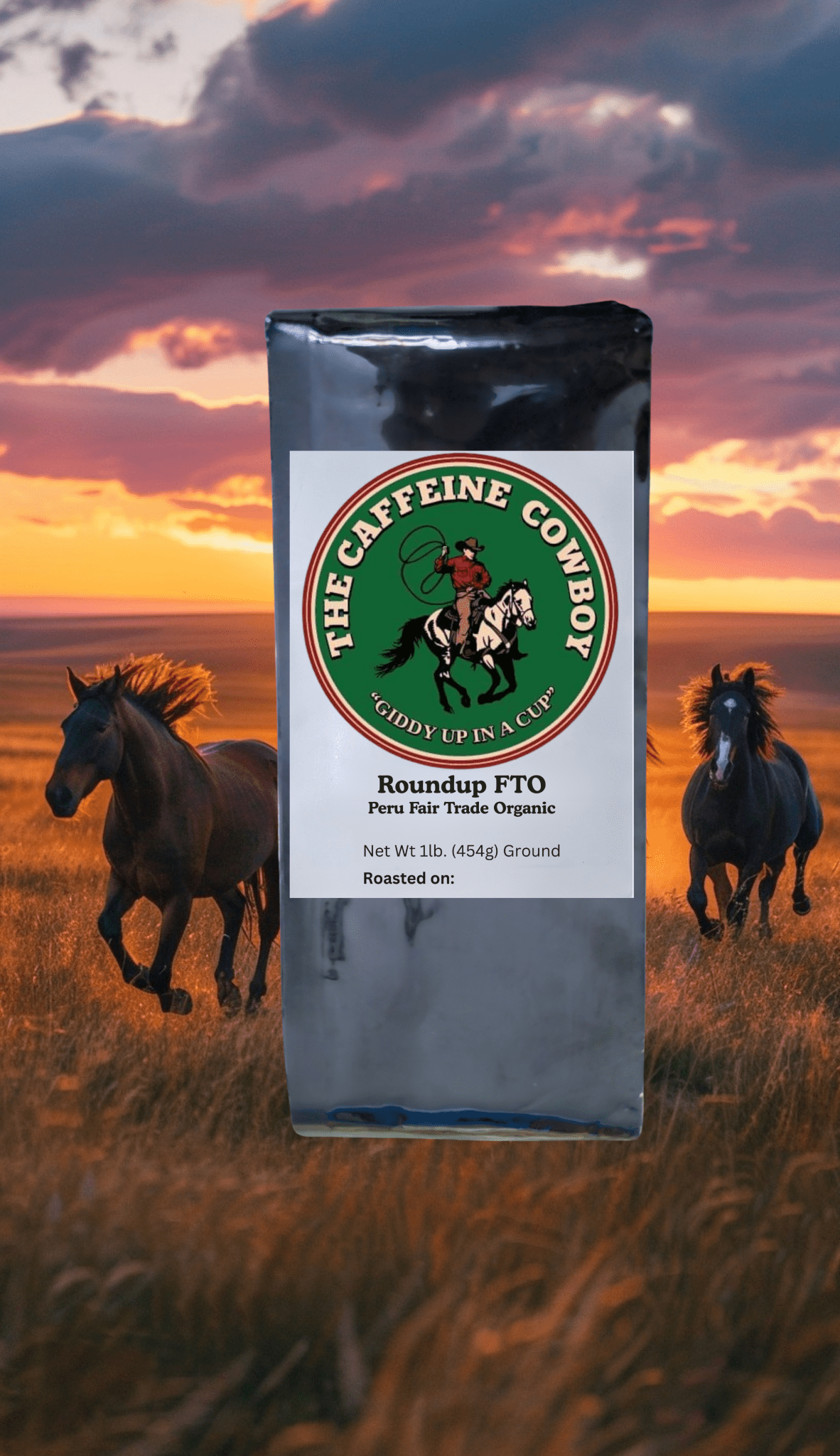 Roundup FTO Peru Fair Trade Organic Coffee bag with medium roast beans and smooth milk chocolate aroma on wooden surface.