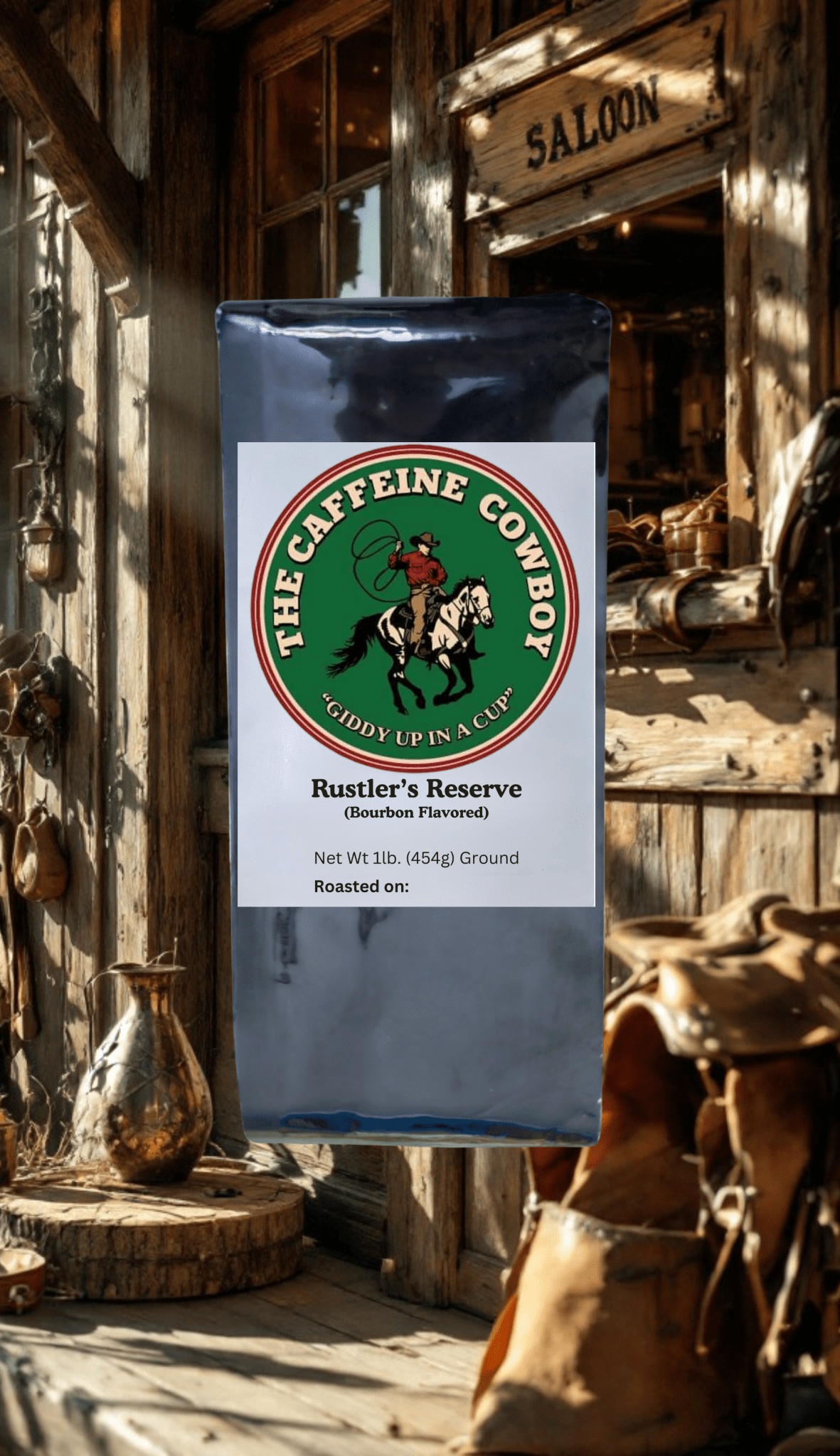 Rustler’s Reserve Bourbon Flavored Coffee bag with dark roast beans and rich caramel aroma on rustic wood surface.