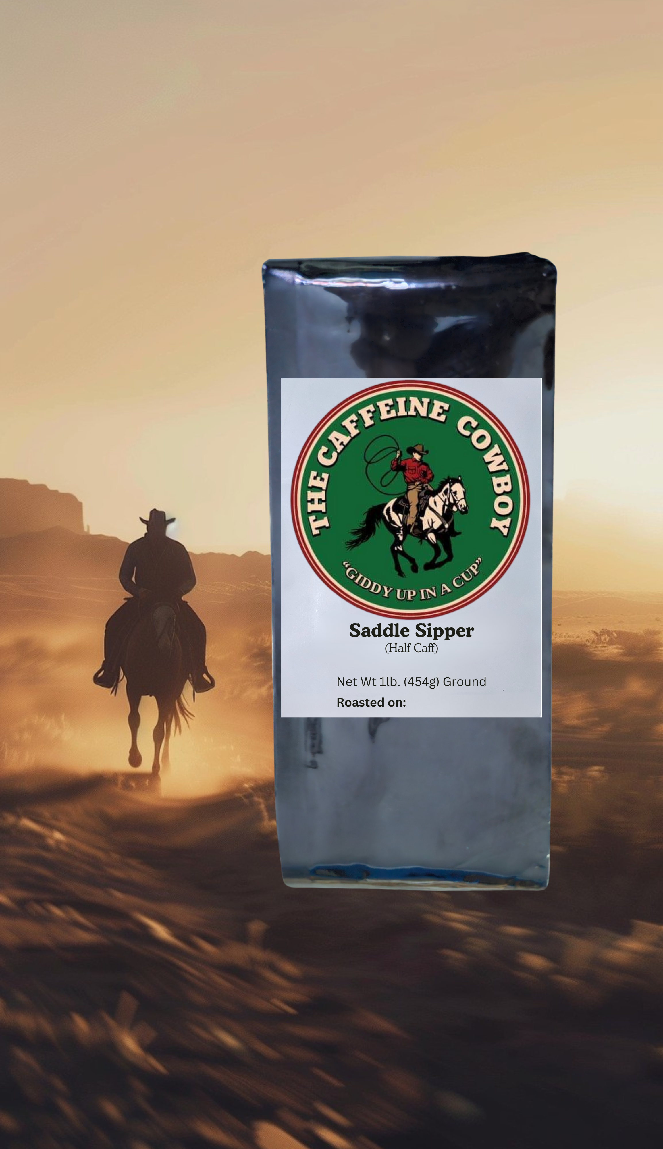 Saddle Sipper Half Caff Coffee bag with medium roast beans and smooth, mellow aroma on a rustic wooden surface.