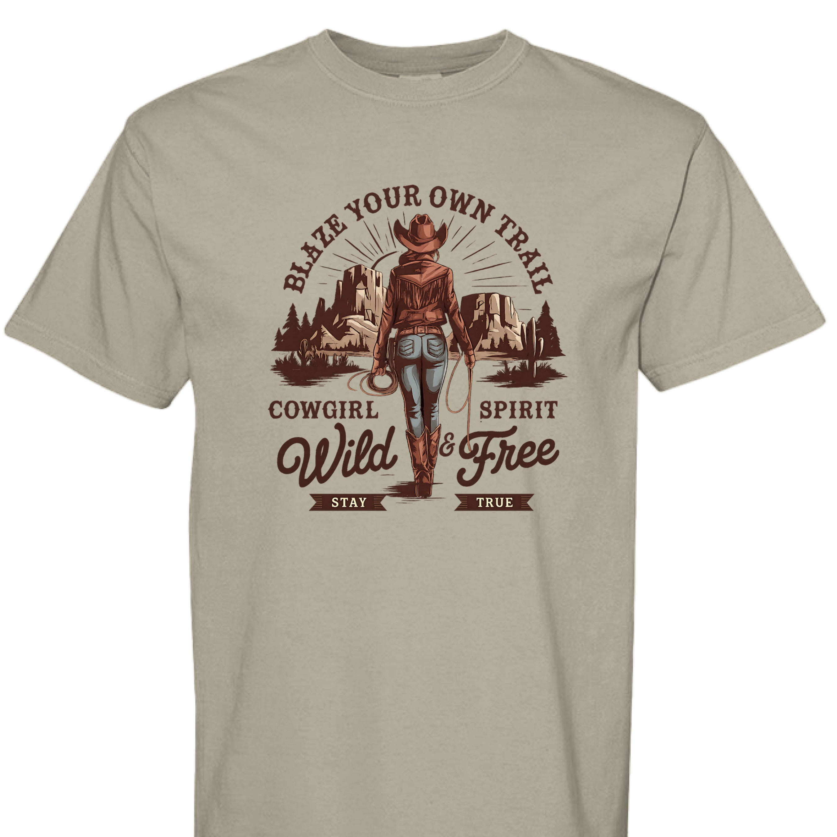 SANDSTONE - FRONT - Cowgirl graphic shirt with rope border, desert mountains, and text Blaze Your Own Trail Wild & Free.