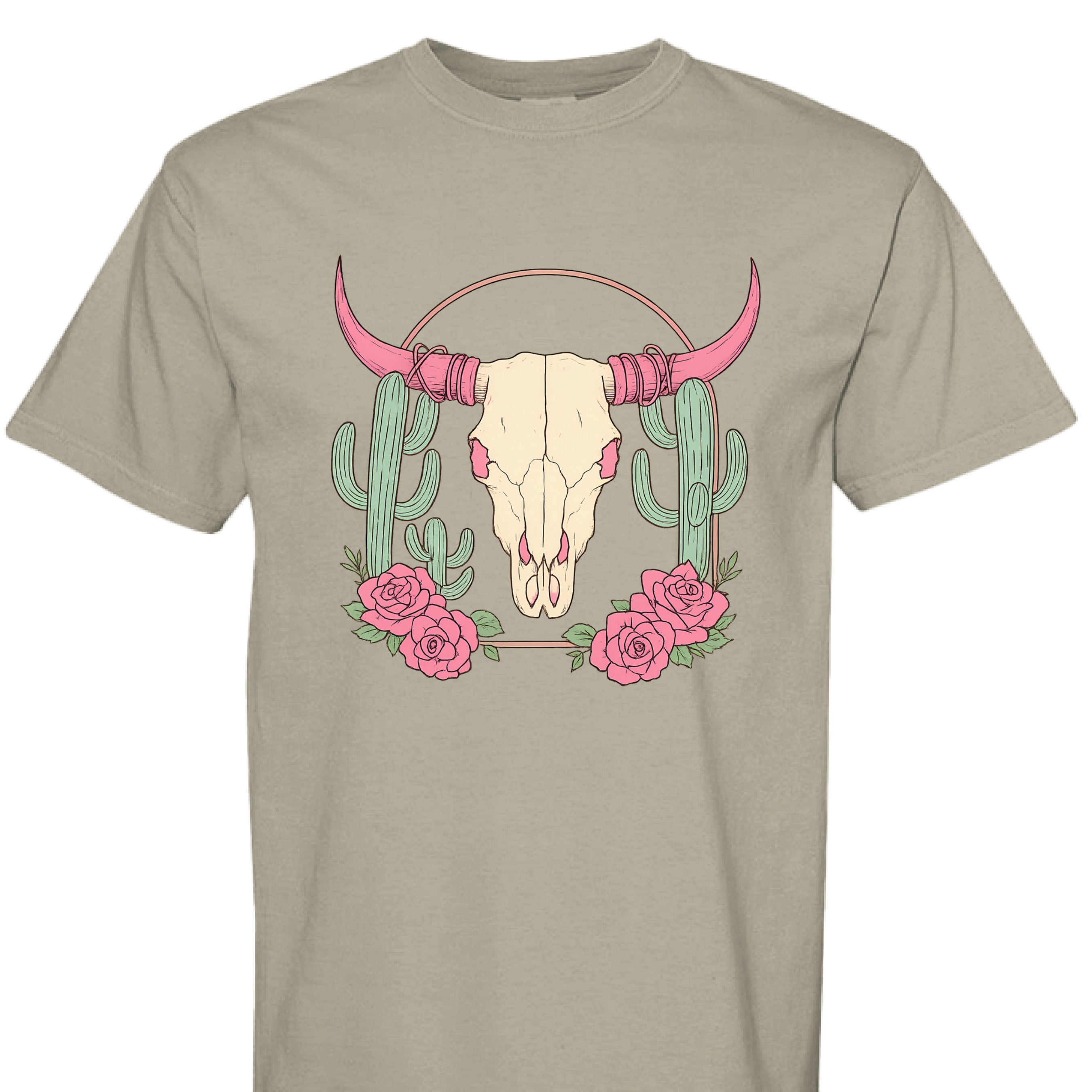 SANDSTONE - FRONT - Boho Western t-shirt design with steer skull, pink horns, cactus, and roses on a rustic background.