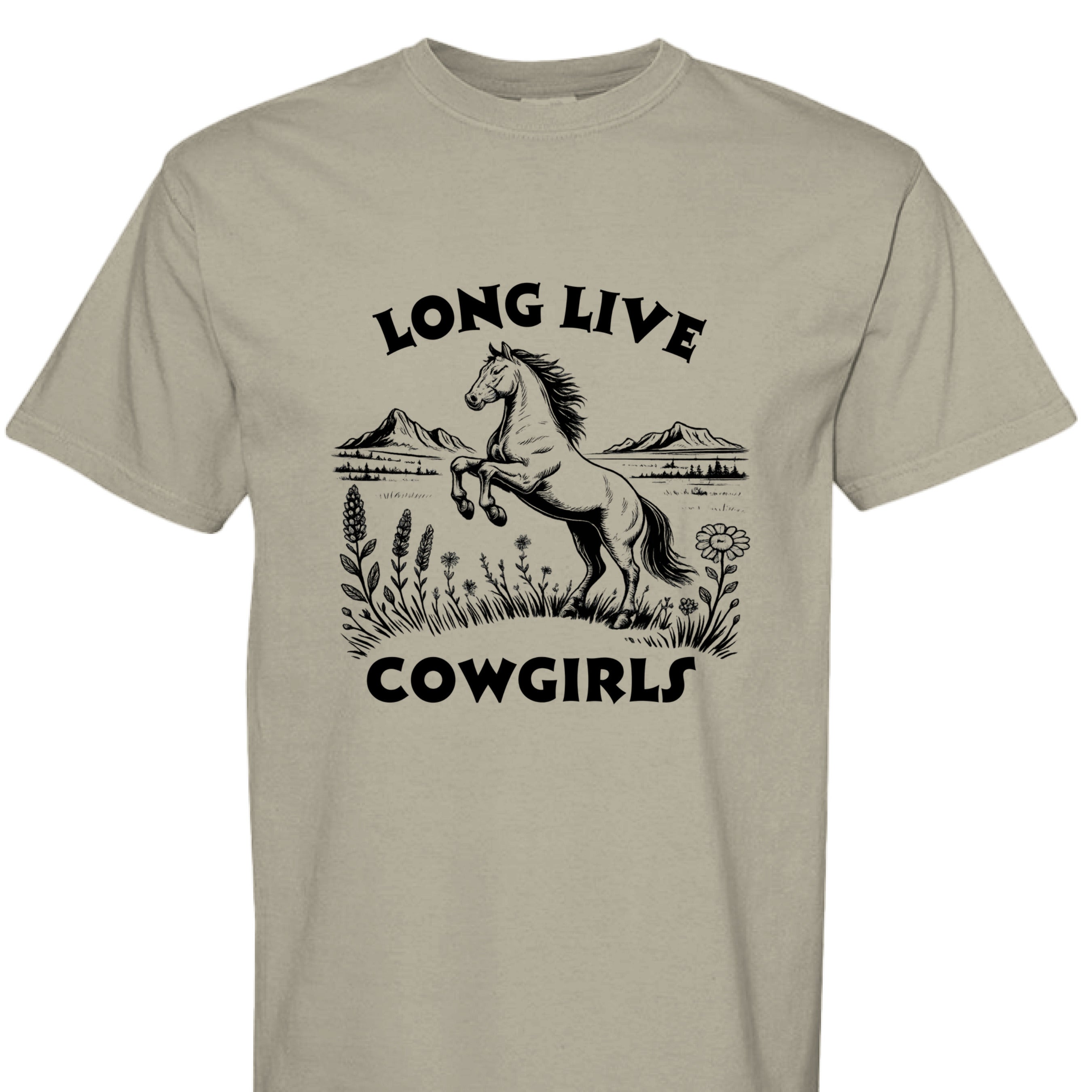 SANDSTONE - FRONT - Long Live Cowgirls western shirt with rearing horse, mountain landscape, and wildflower country graphic design.