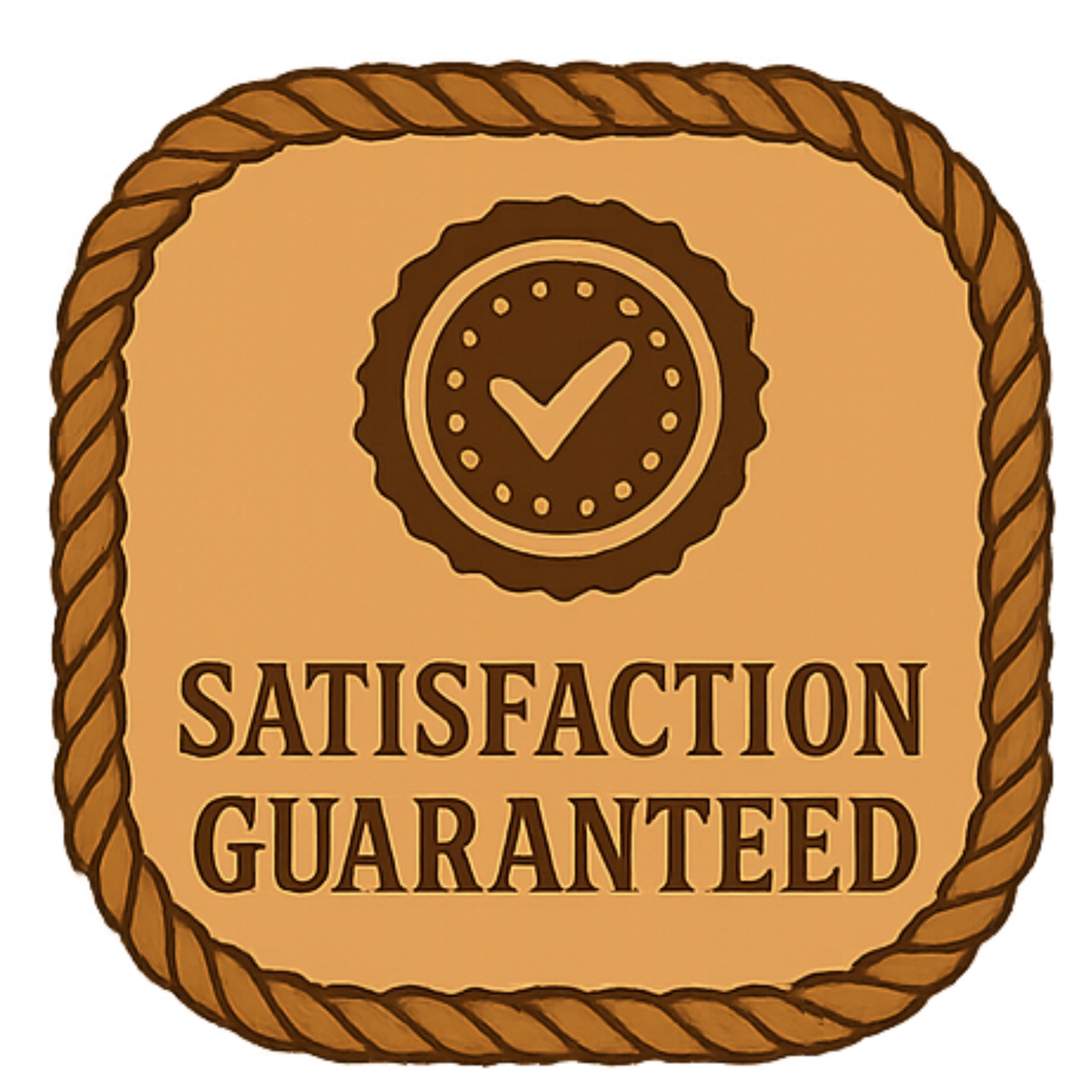 Brown 'Satisfaction Guaranteed' logo with a check mark on a white background