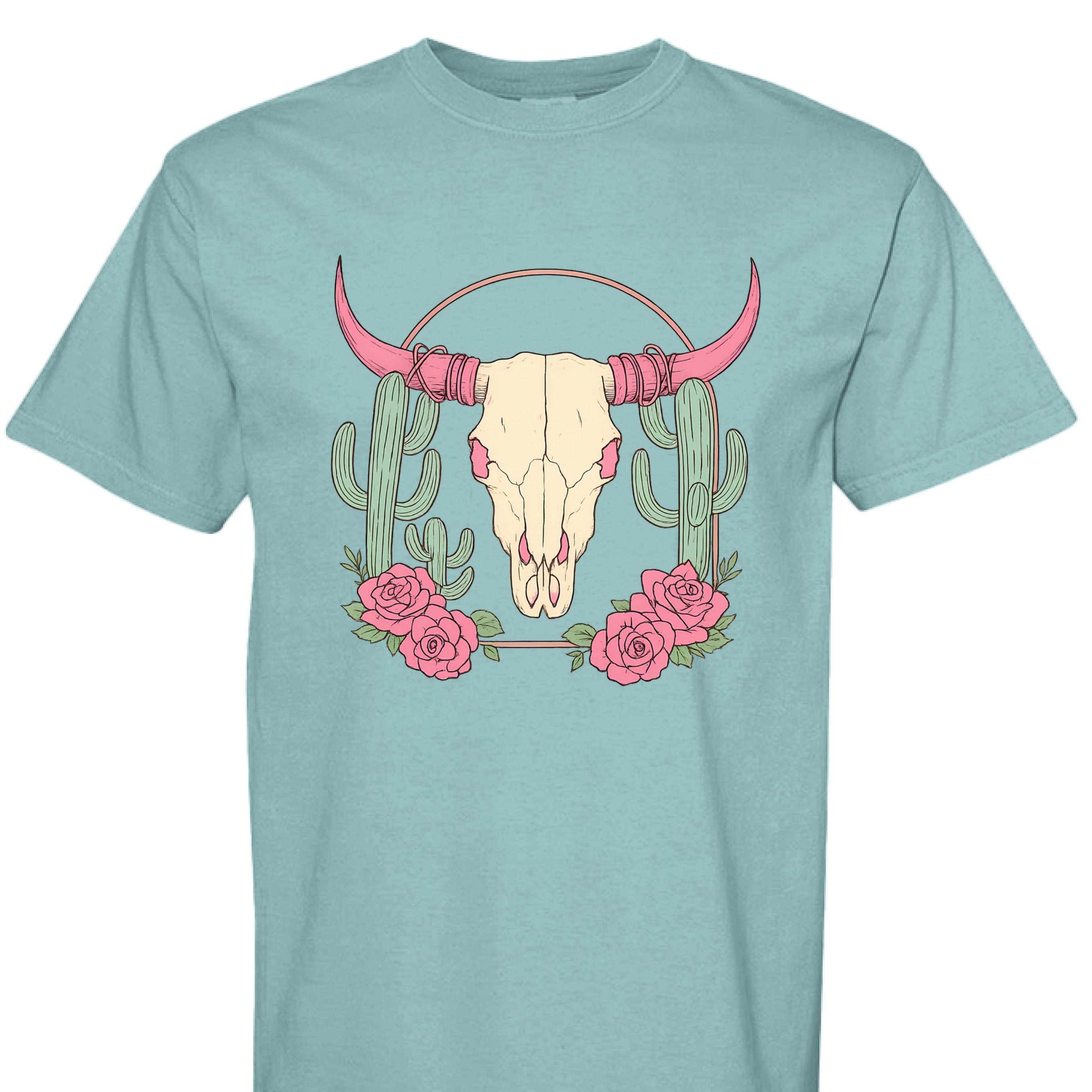 SEAFOAM - FRONT - Boho Western t-shirt design with steer skull, pink horns, cactus, and roses on a rustic background.