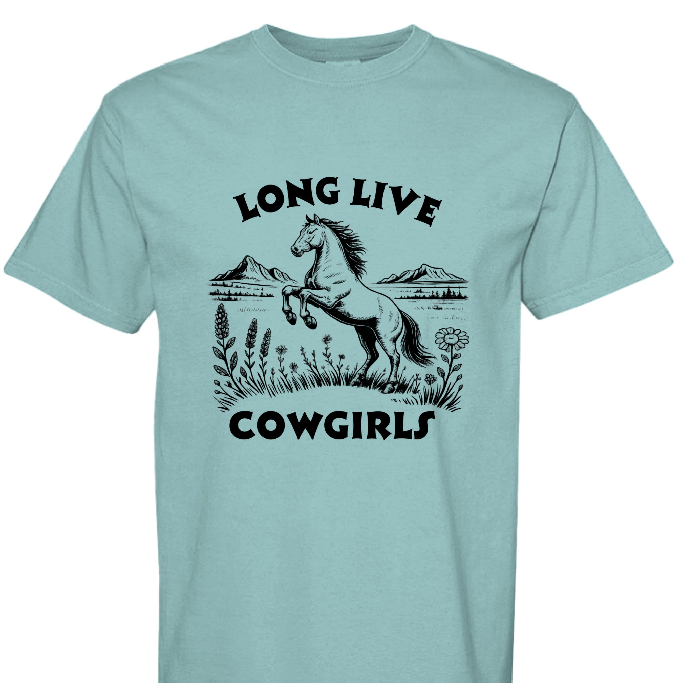 SEAFOAM - FRONT - Long Live Cowgirls western shirt with rearing horse, mountain landscape, and wildflower country graphic design.