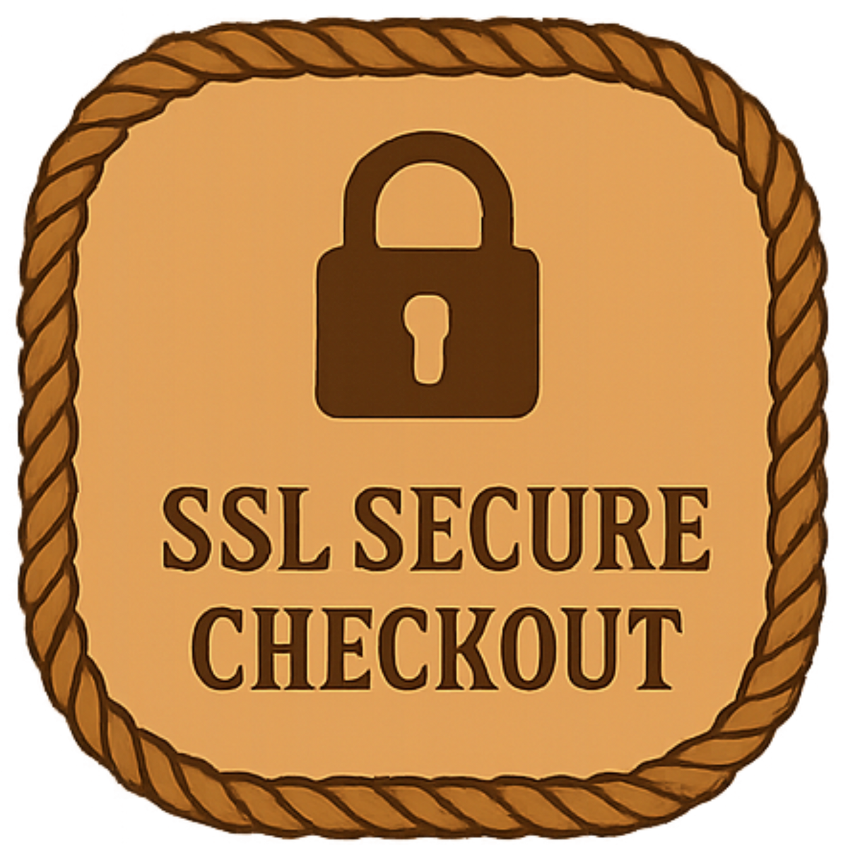SSL Secure Checkout logo with a brown lock icon on a beige background
