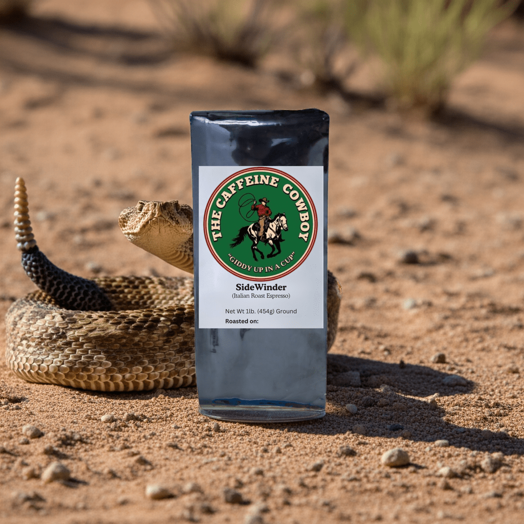 Sidewinder Italian Roast Espresso Coffee bag with dark, oily beans and bold smoky aroma on rustic burlap.