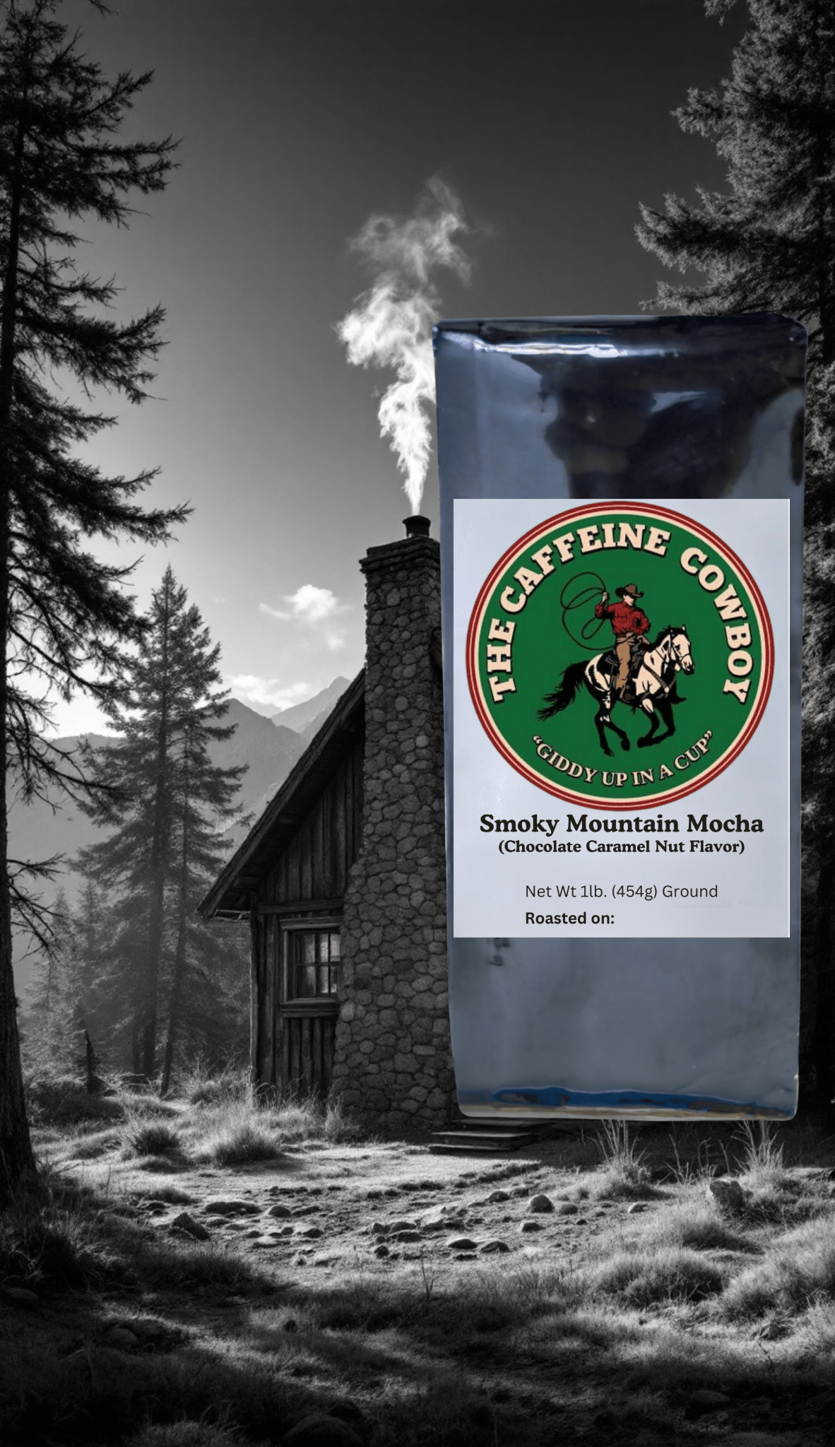 Smoky Mountain Mocha Chocolate Caramel Nut Coffee bag with medium roast beans and sweet dessert aroma on rustic wood surface.