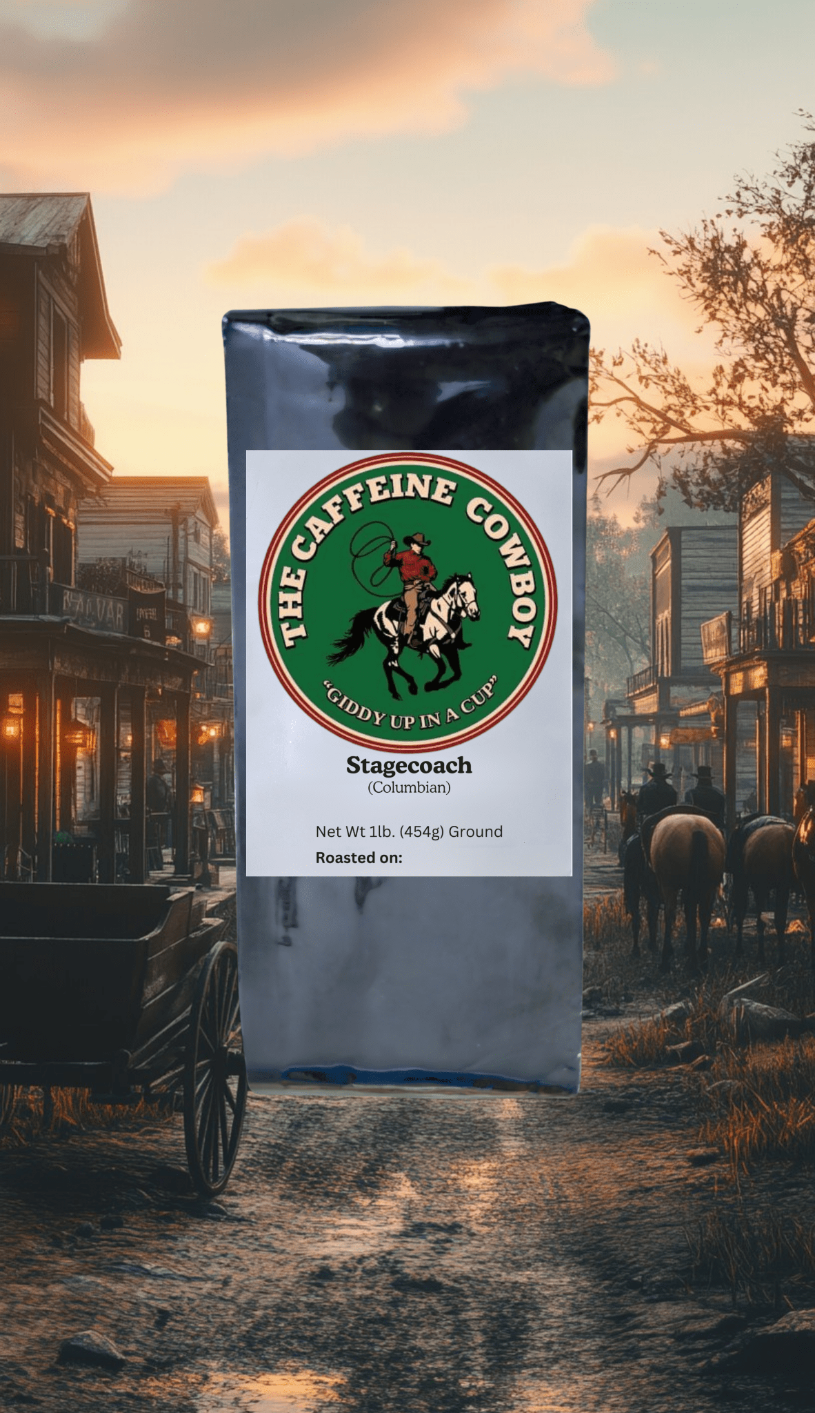 Stagecoach Colombian Coffee bag with medium roast beans and smooth cocoa aroma on burlap background.